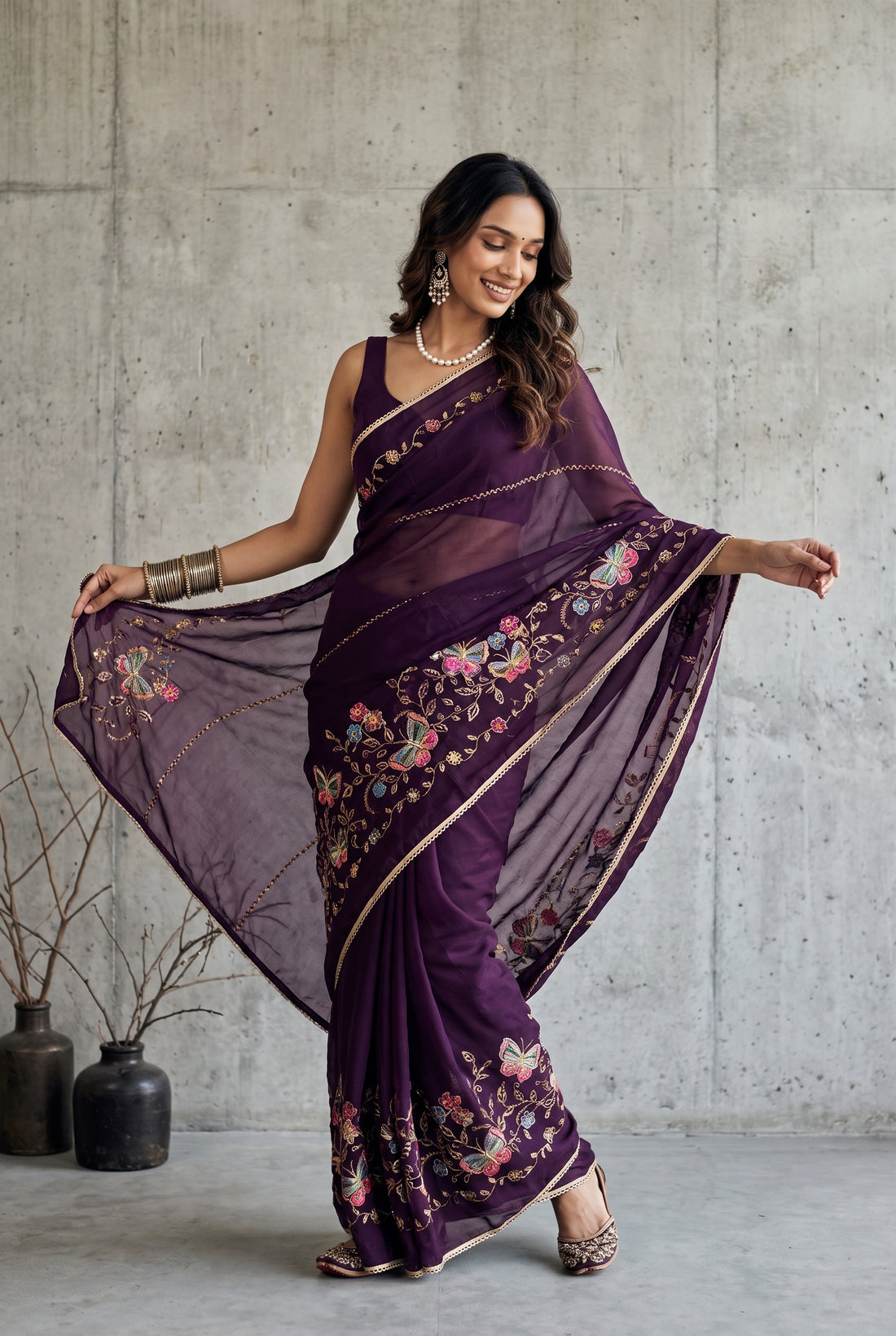 Star Georgette Saree with Floral Embroidery and Design