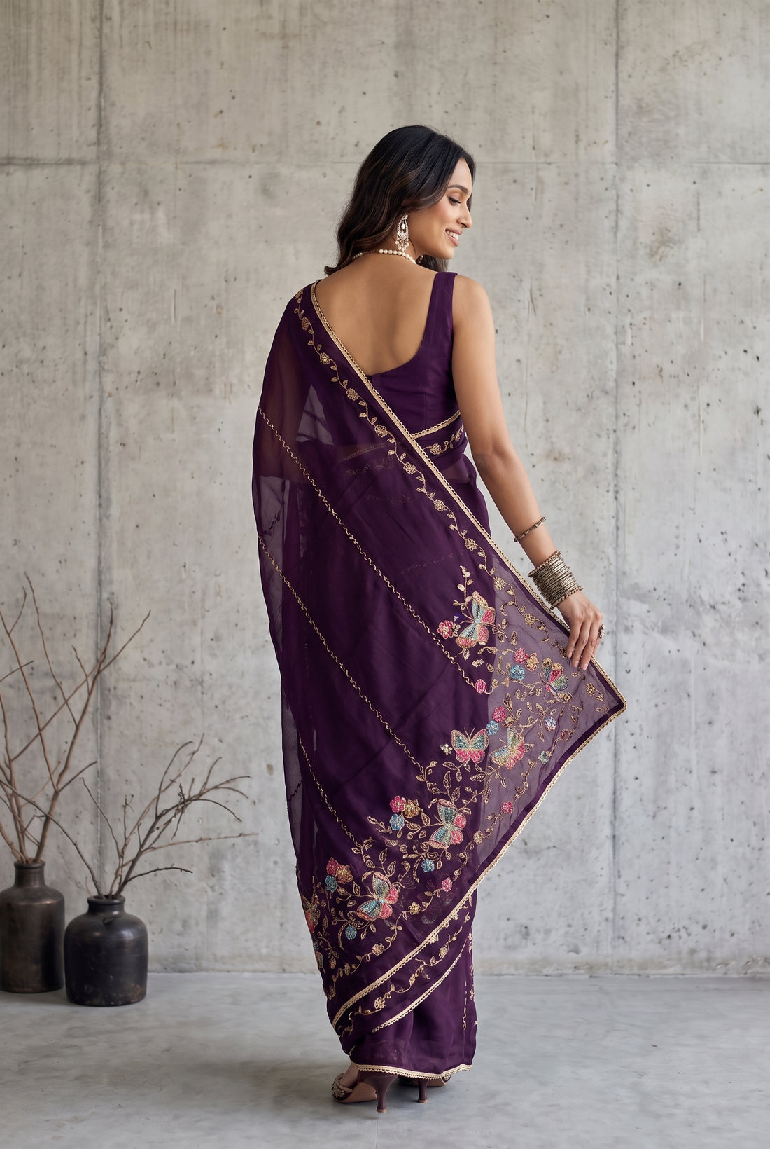 Star Georgette Saree with Floral Embroidery and Design
