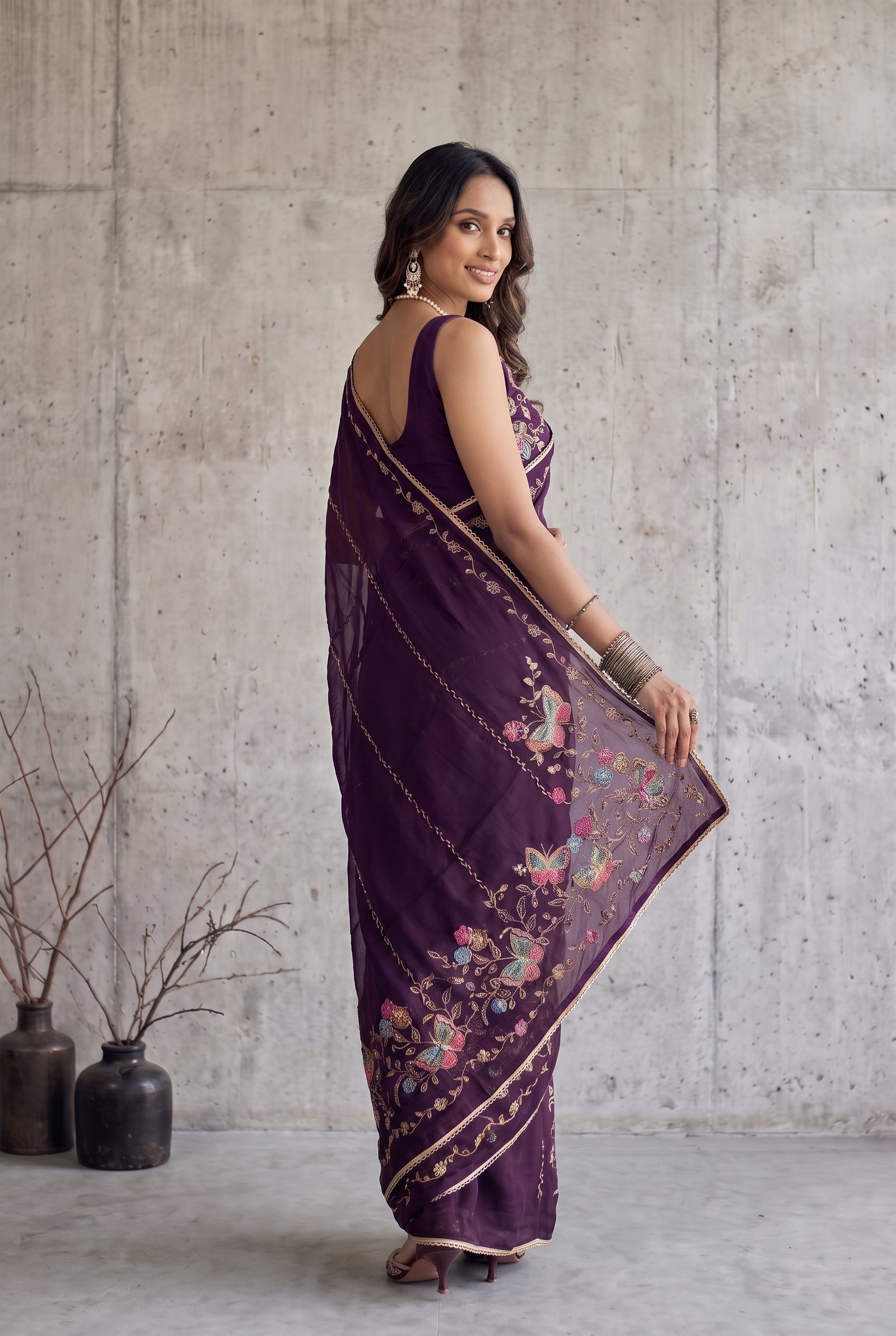 Star Georgette Saree with Floral Embroidery and Design