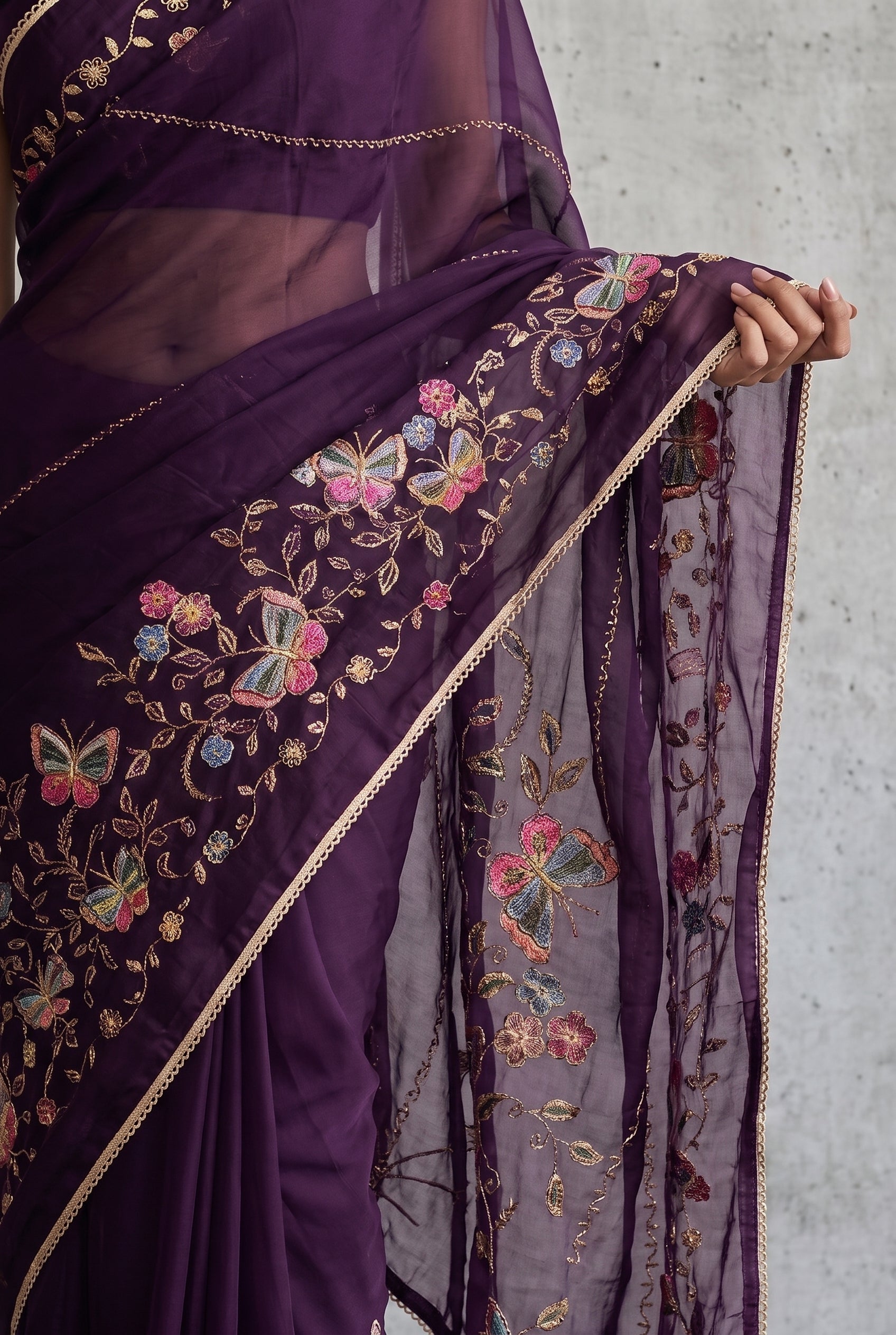Star Georgette Saree with Floral Embroidery and Design