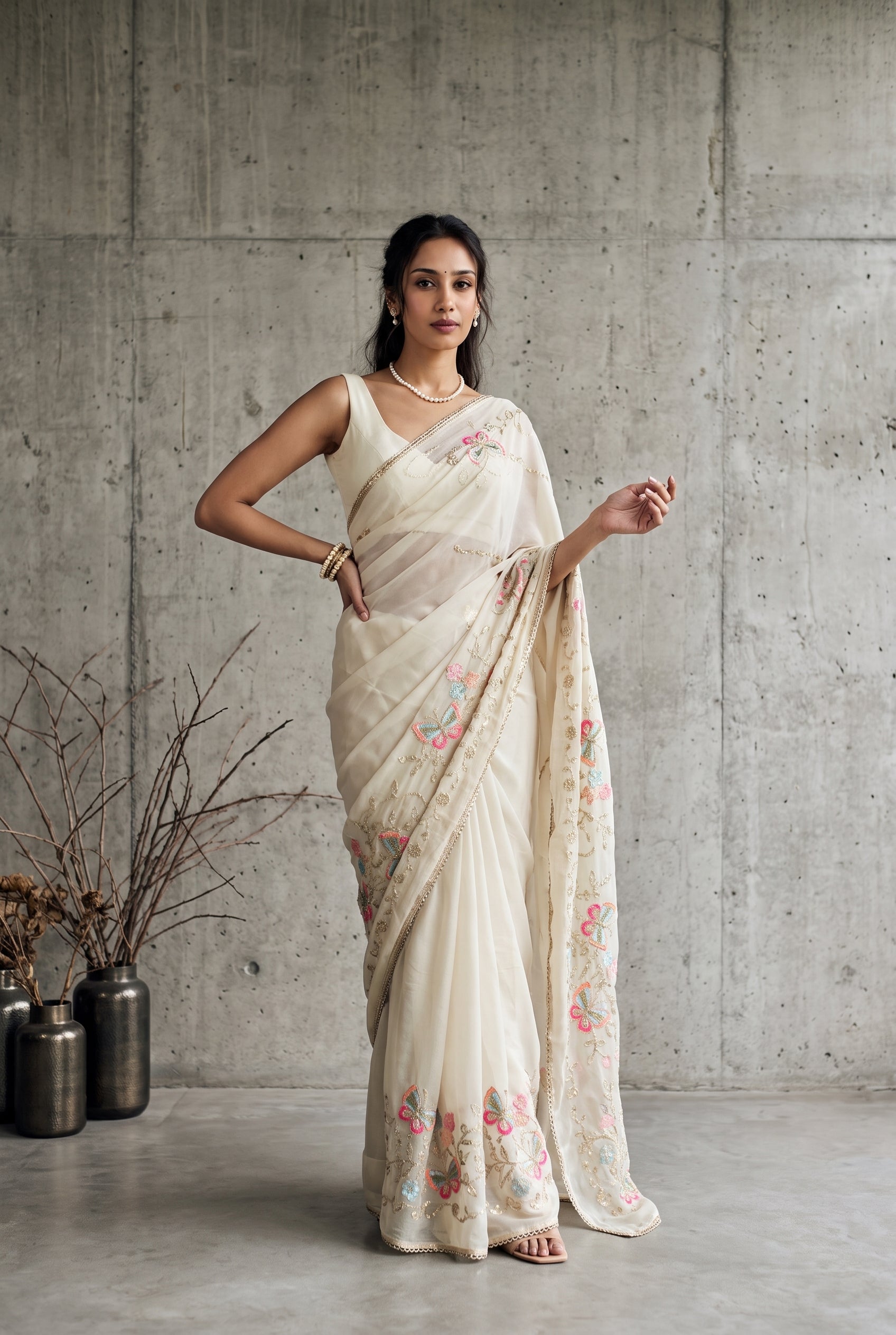 Star Georgette Saree with Floral Embroidery and Design