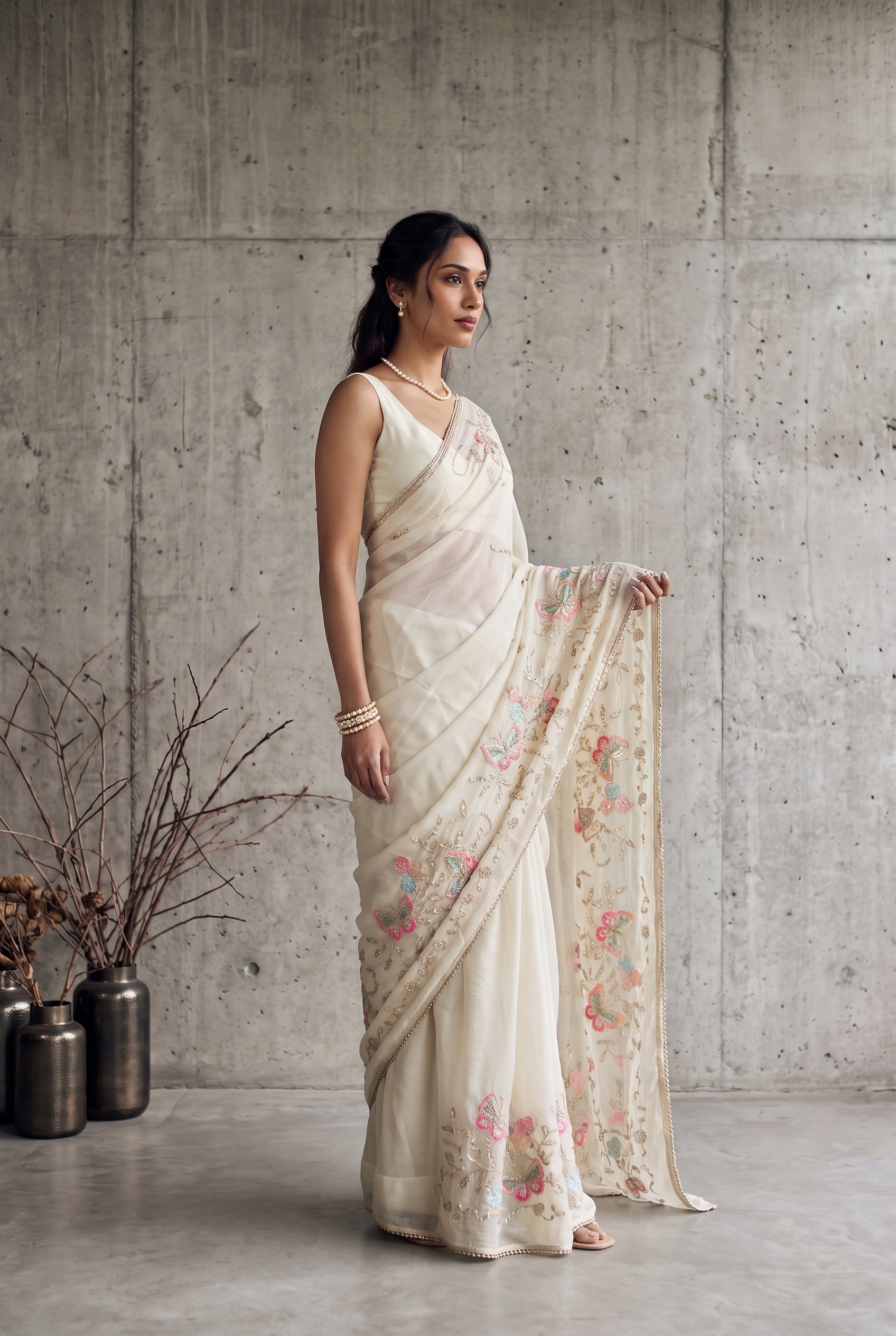 Star Georgette Saree with Floral Embroidery and Design