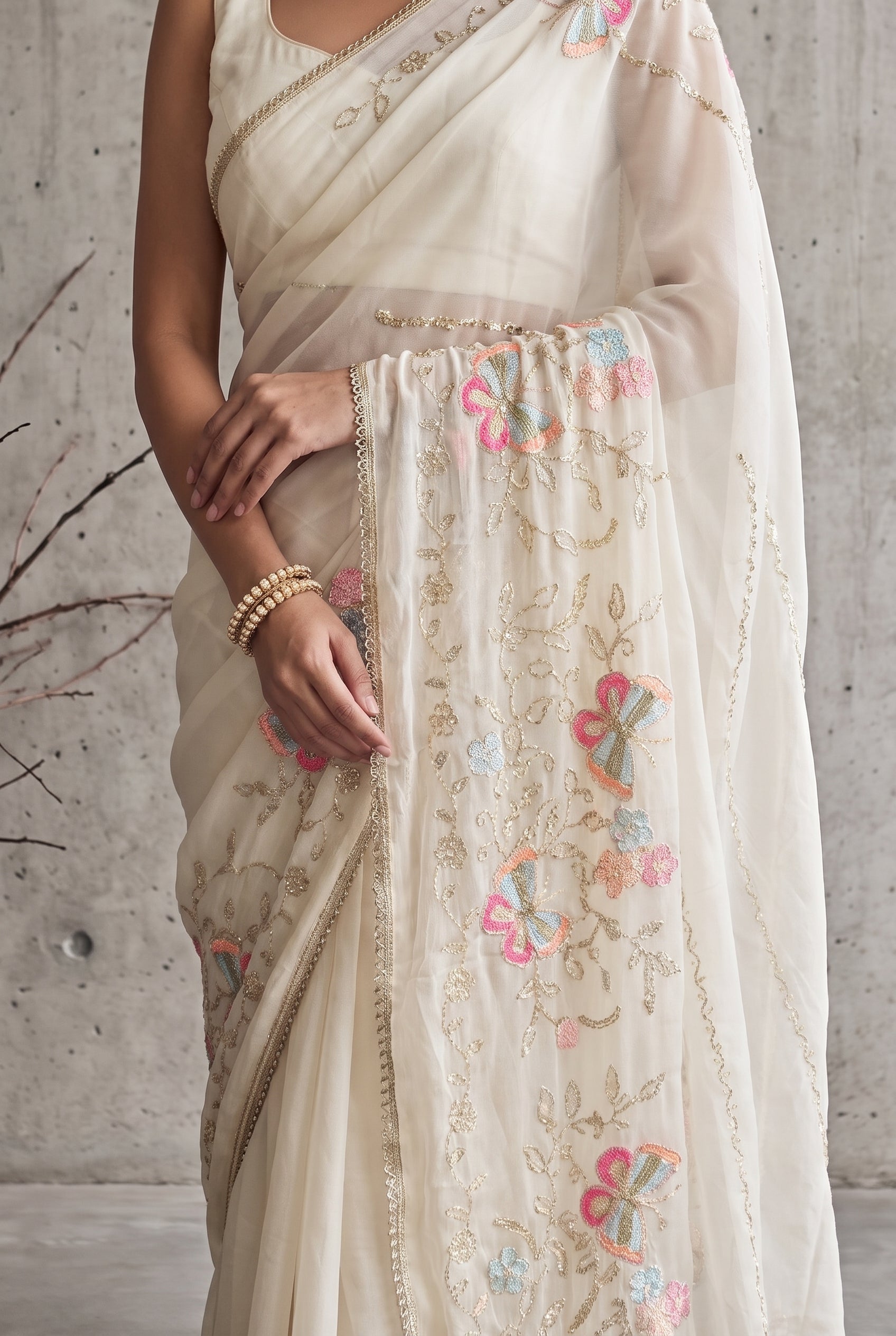 Star Georgette Saree with Floral Embroidery and Design
