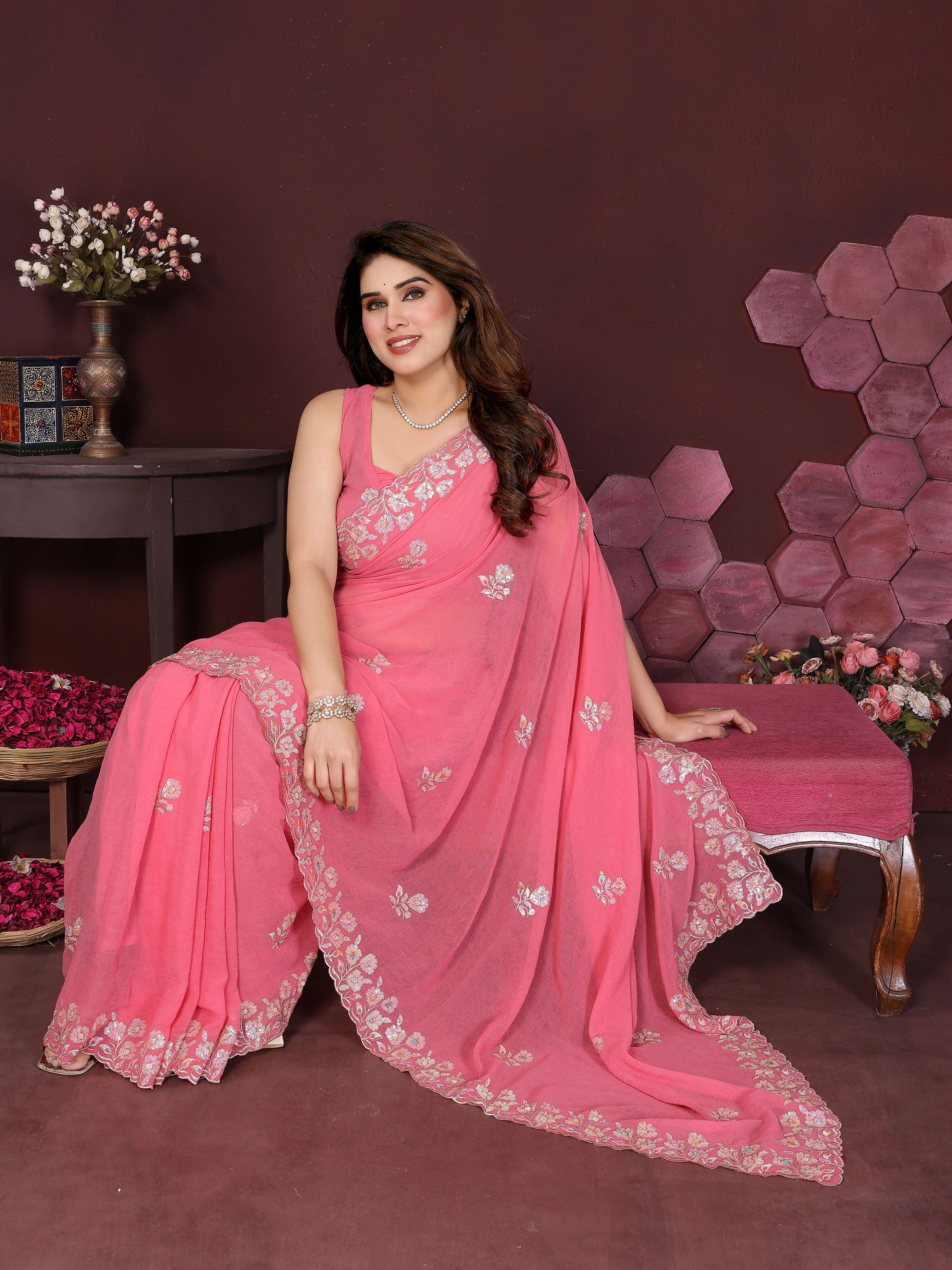 Georgette Silk Saree with Floral Embroidery Work