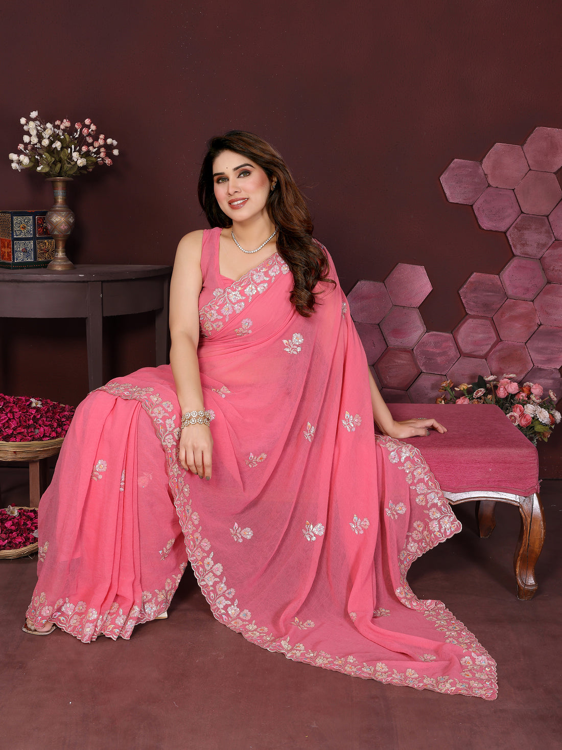 Georgette Silk Saree with Floral Embroidery Work