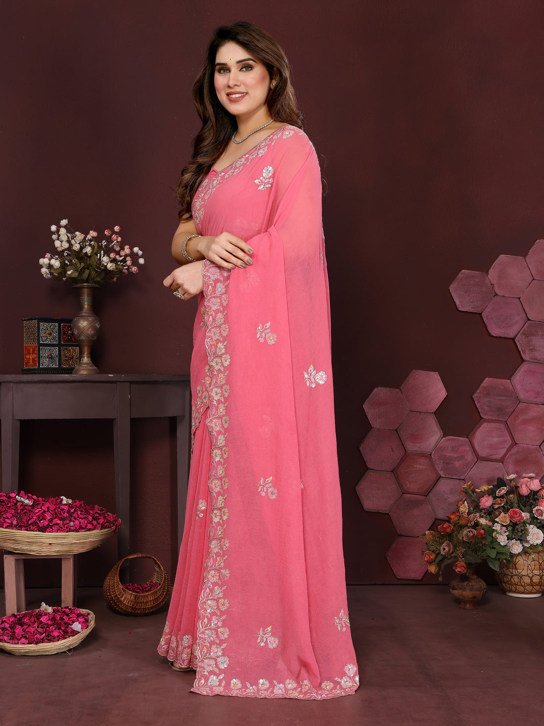 Georgette Silk Saree with Floral Embroidery Work