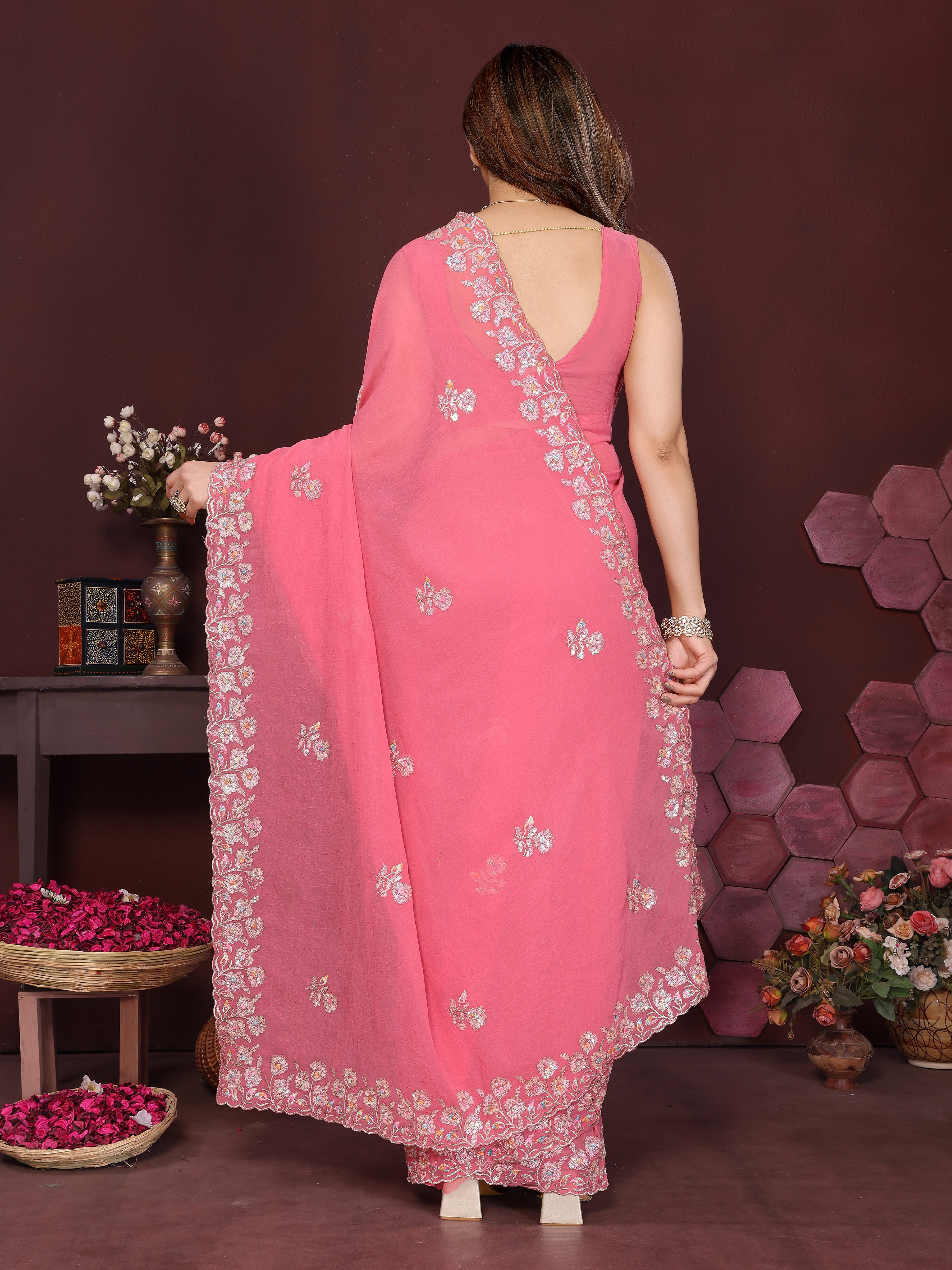 Georgette Silk Saree with Floral Embroidery Work