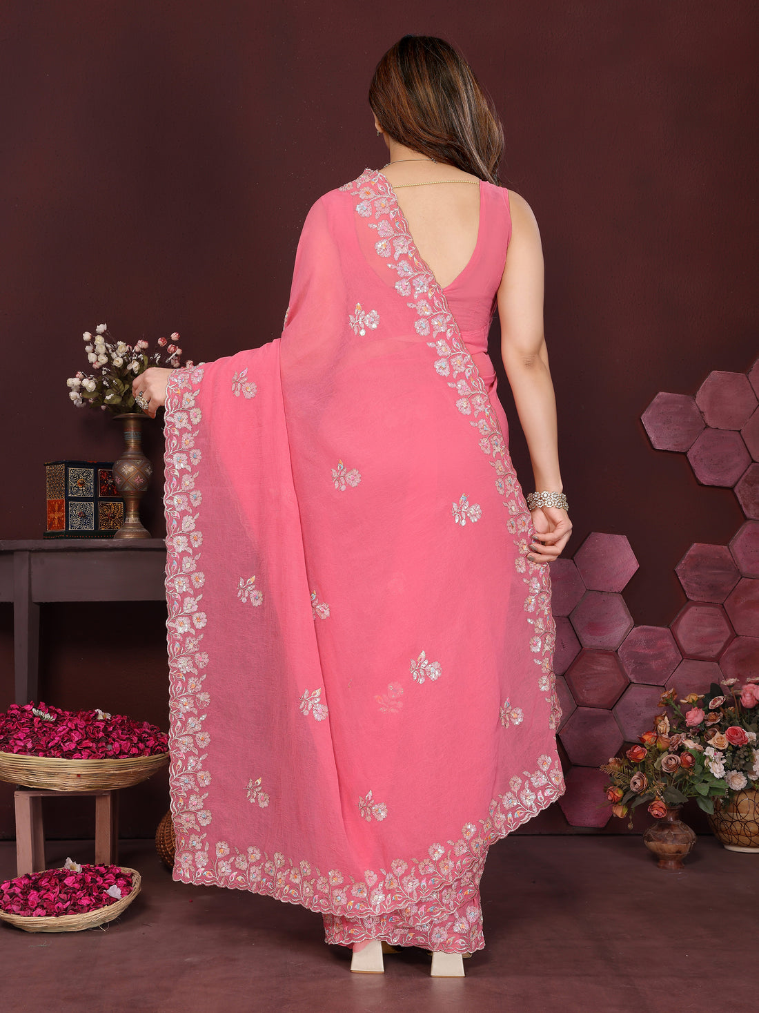 Georgette Silk Saree with Floral Embroidery Work