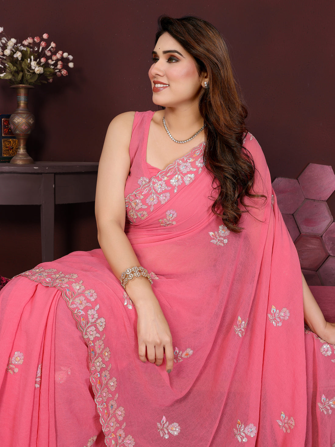 Georgette Silk Saree with Floral Embroidery Work