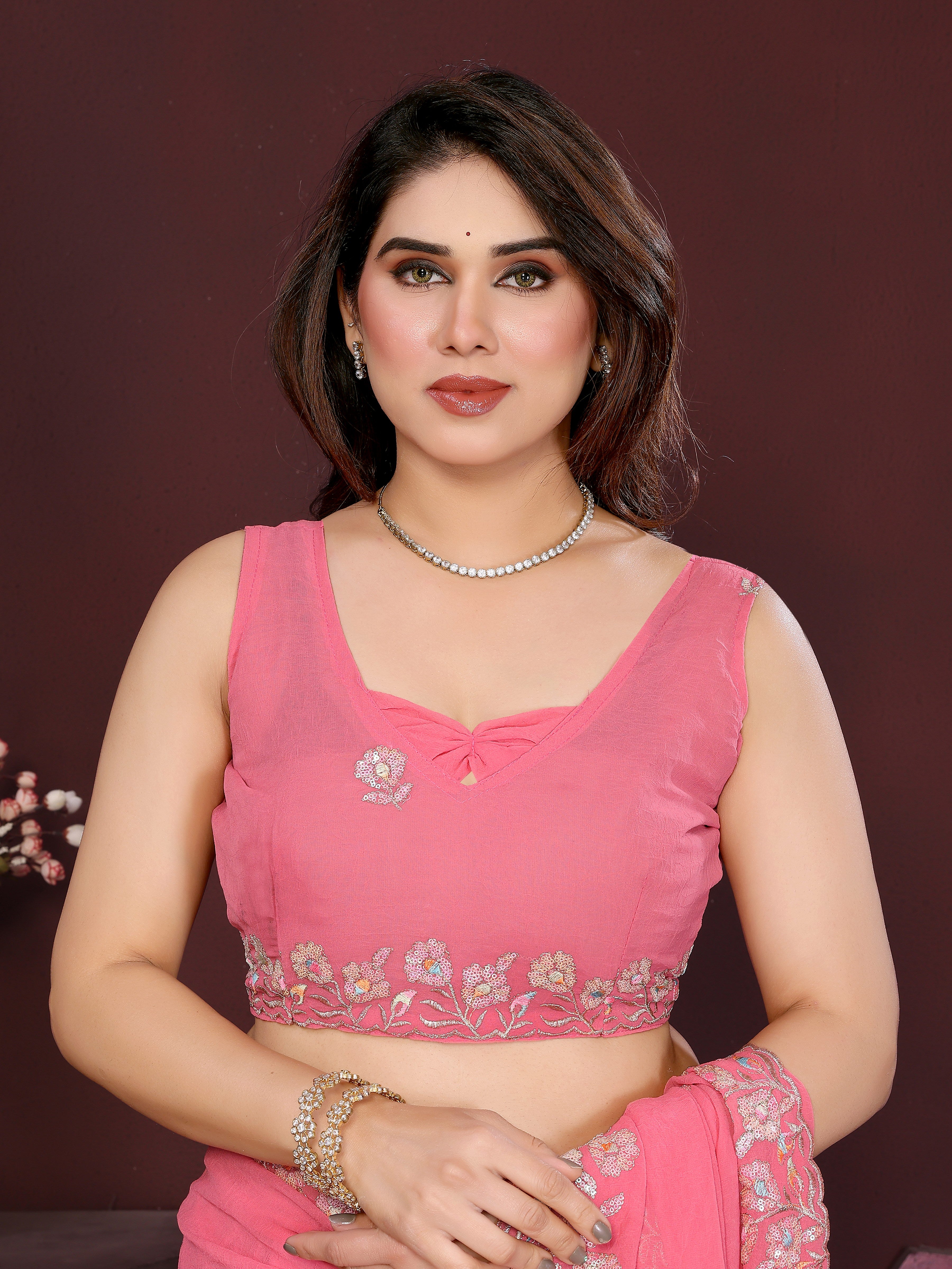 Georgette Silk Saree with Floral Embroidery Work