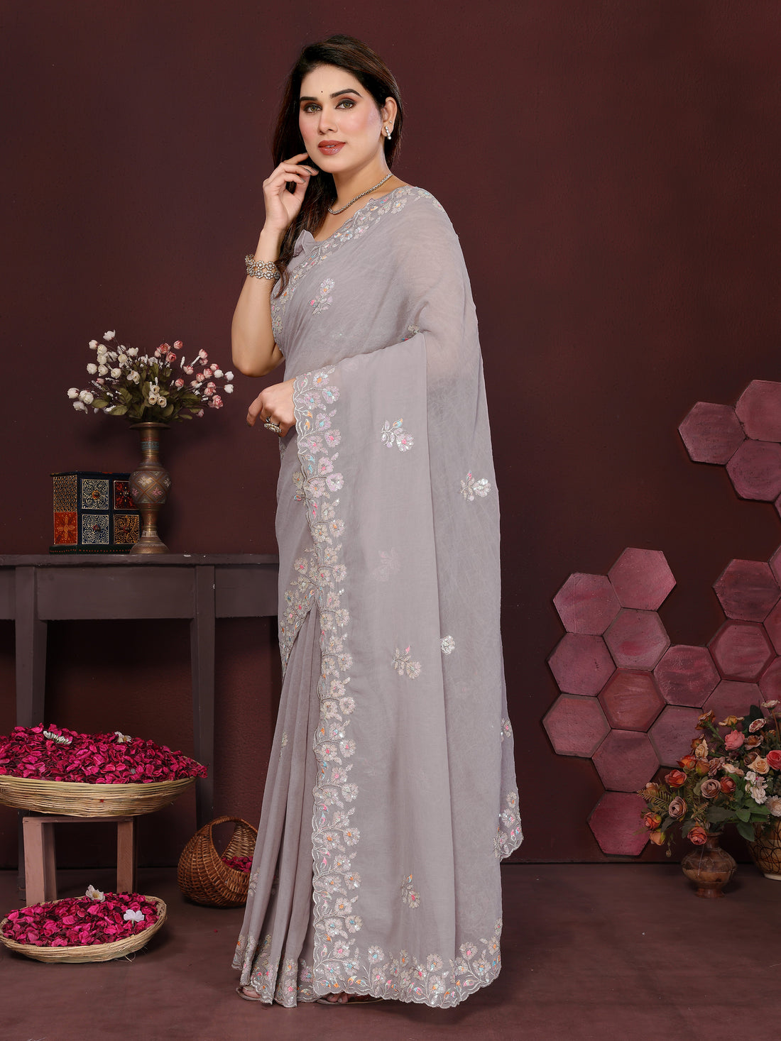 Georgette Silk Saree with Floral Embroidery Work