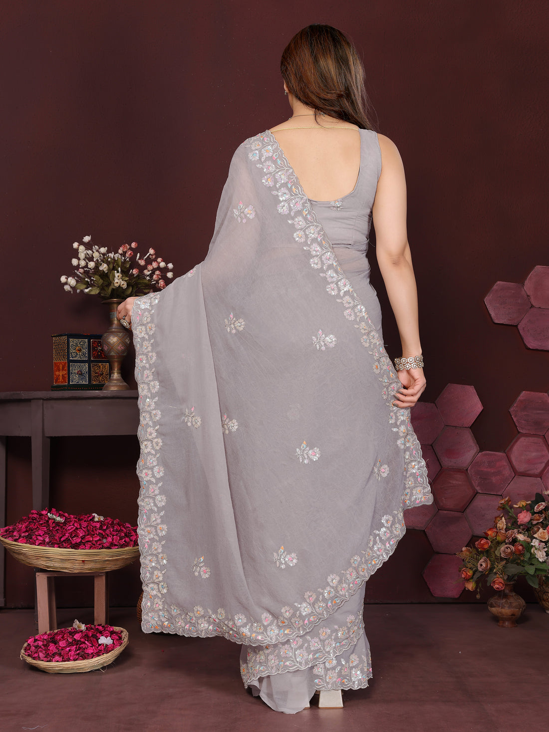 Georgette Silk Saree with Floral Embroidery Work