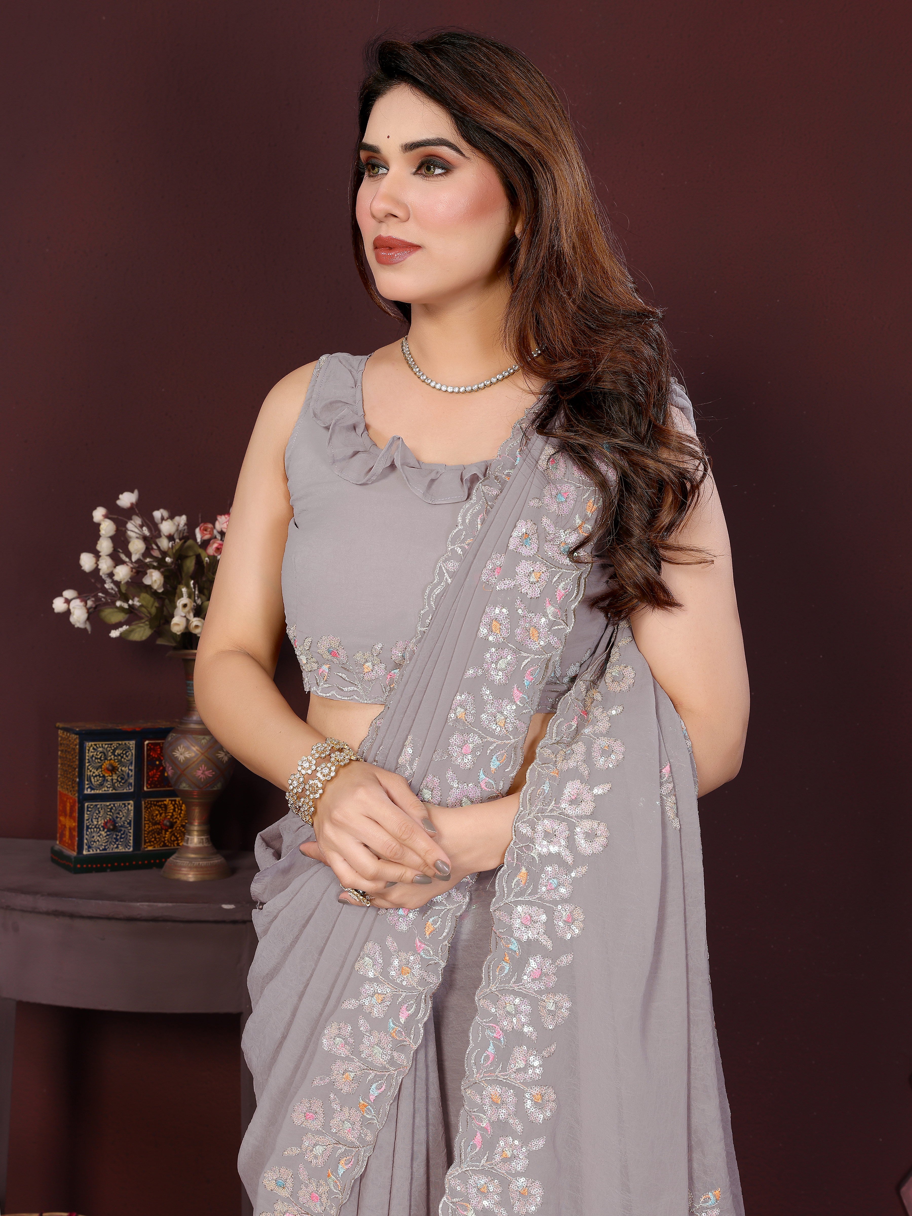 Georgette Silk Saree with Floral Embroidery Work