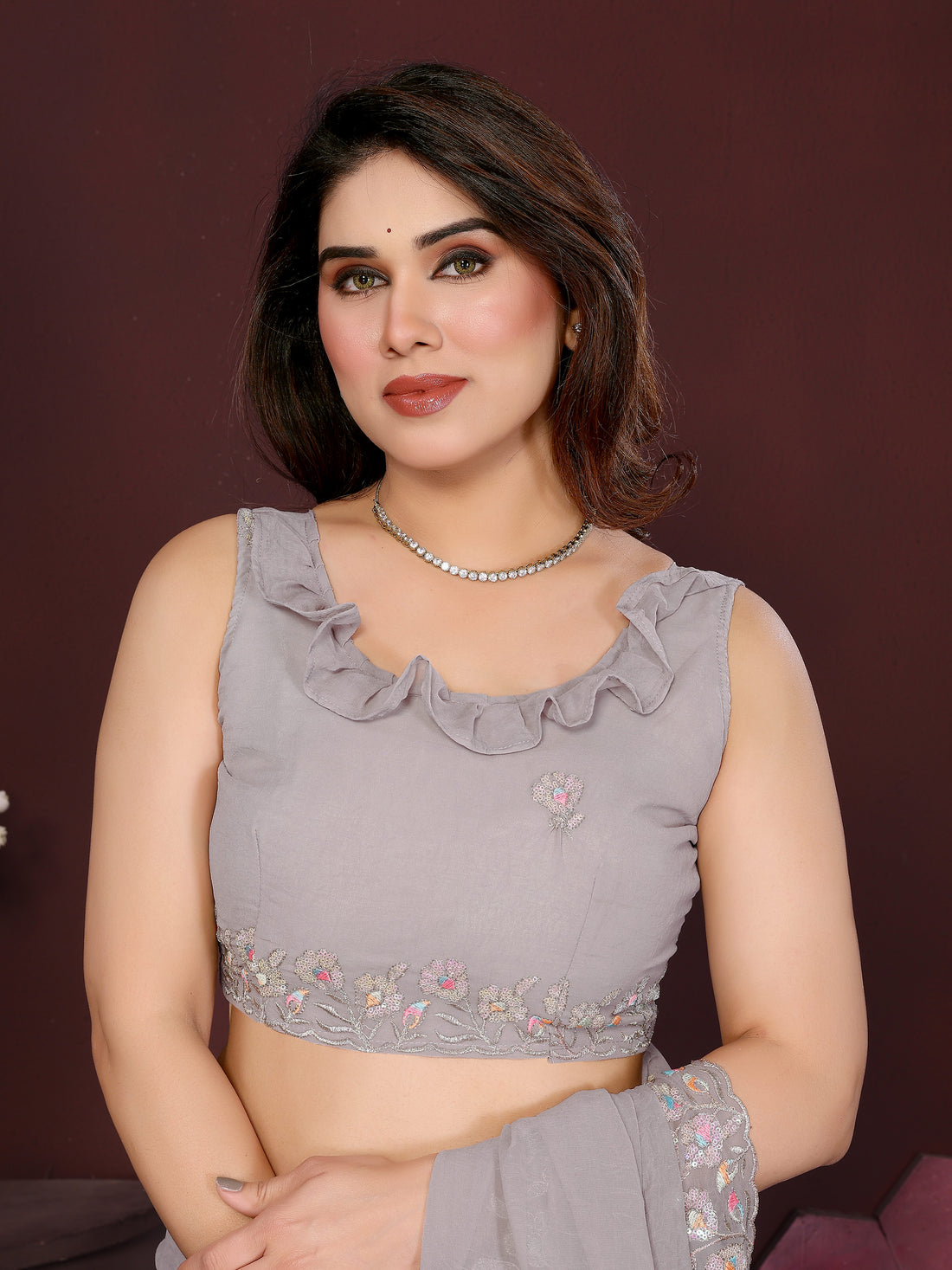 Georgette Silk Saree with Floral Embroidery Work