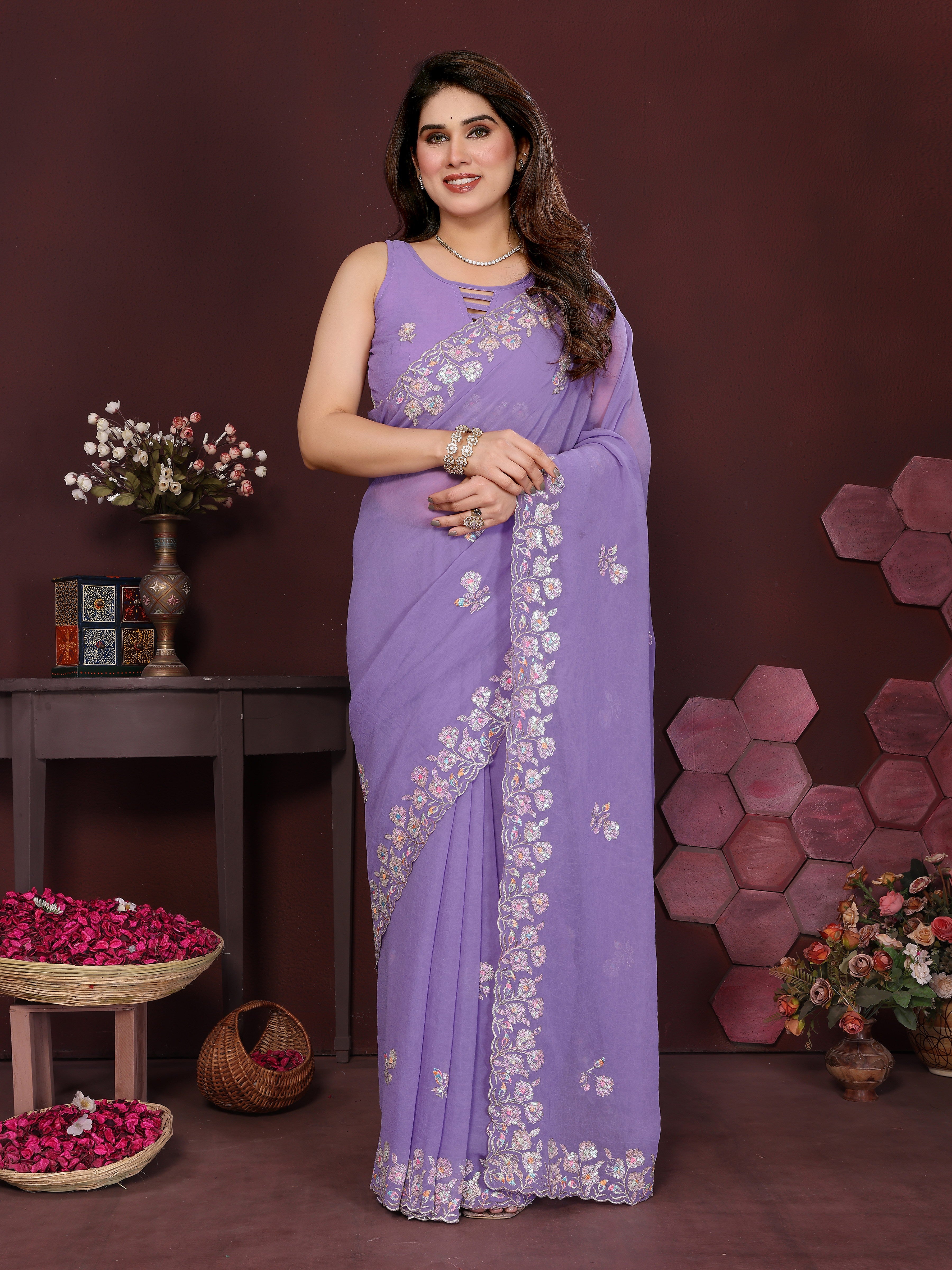 Georgette Silk Saree with Floral Embroidery Work