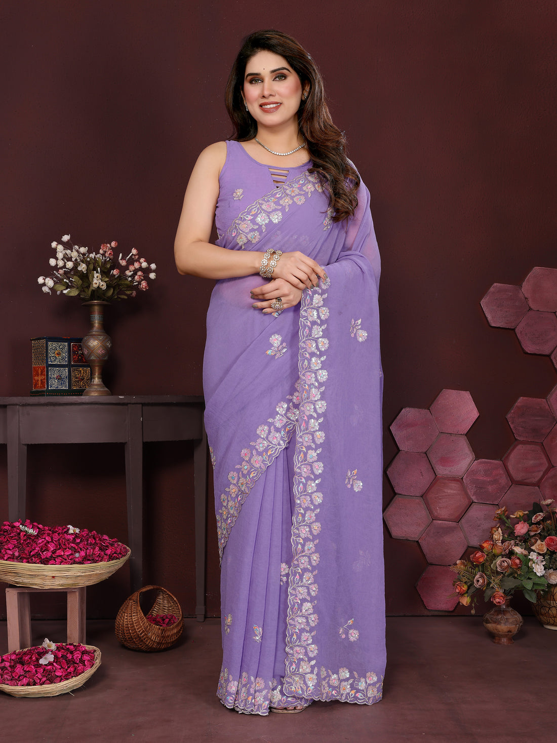Georgette Silk Saree with Floral Embroidery Work
