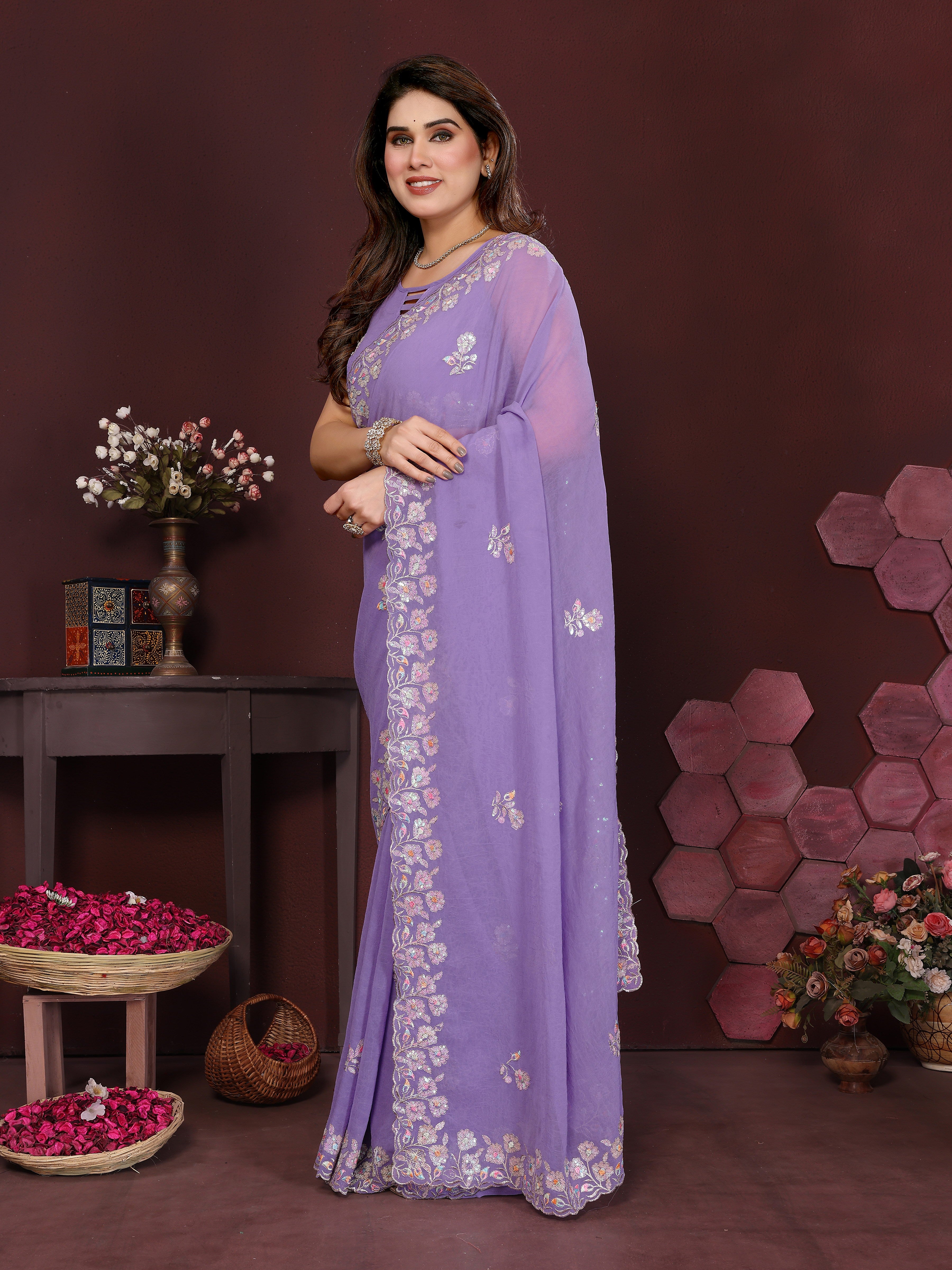 Georgette Silk Saree with Floral Embroidery Work
