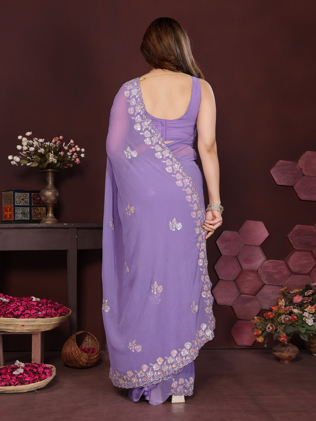 Georgette Silk Saree with Floral Embroidery Work