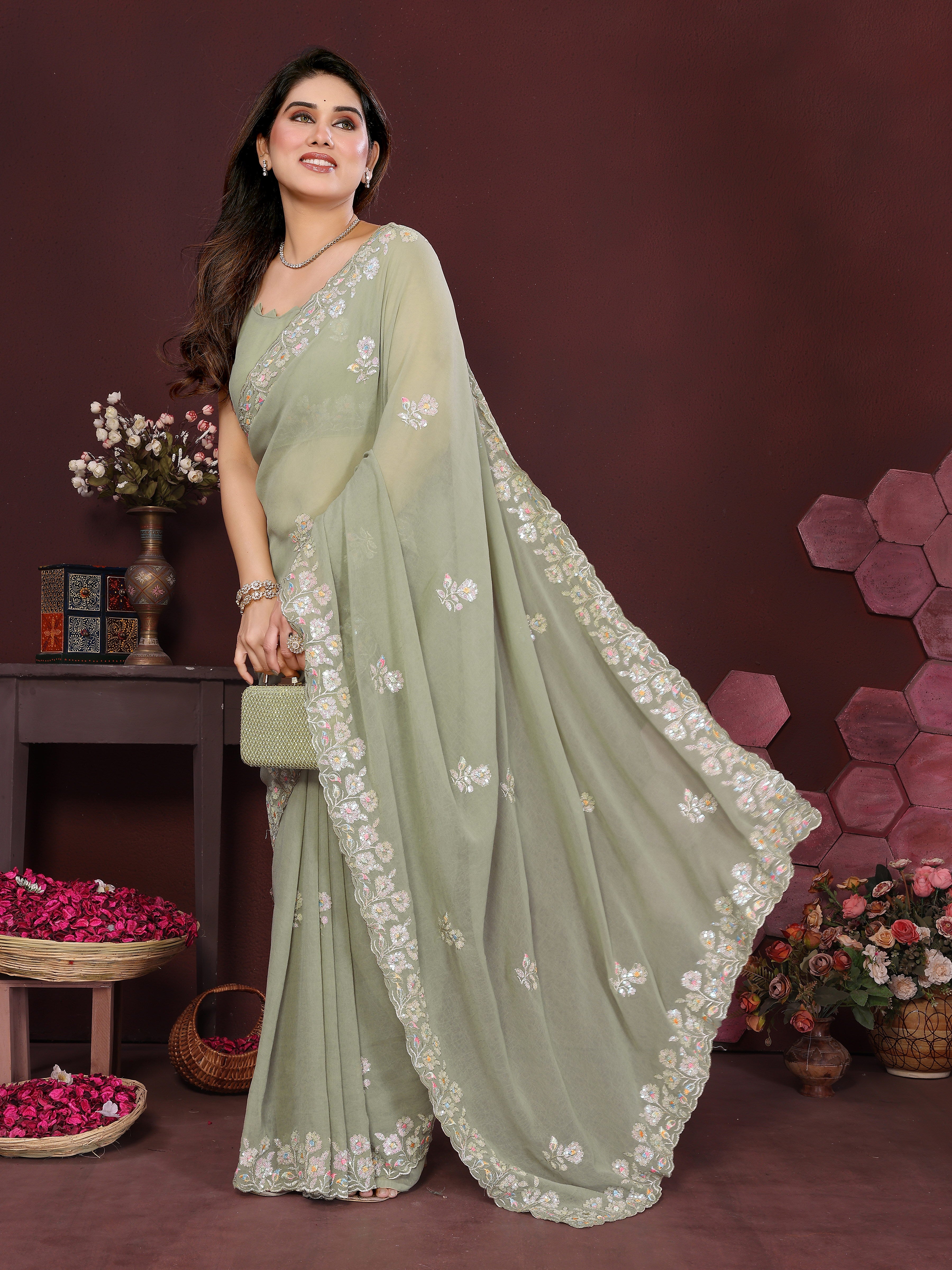 Georgette Silk Saree with Floral Embroidery Work
