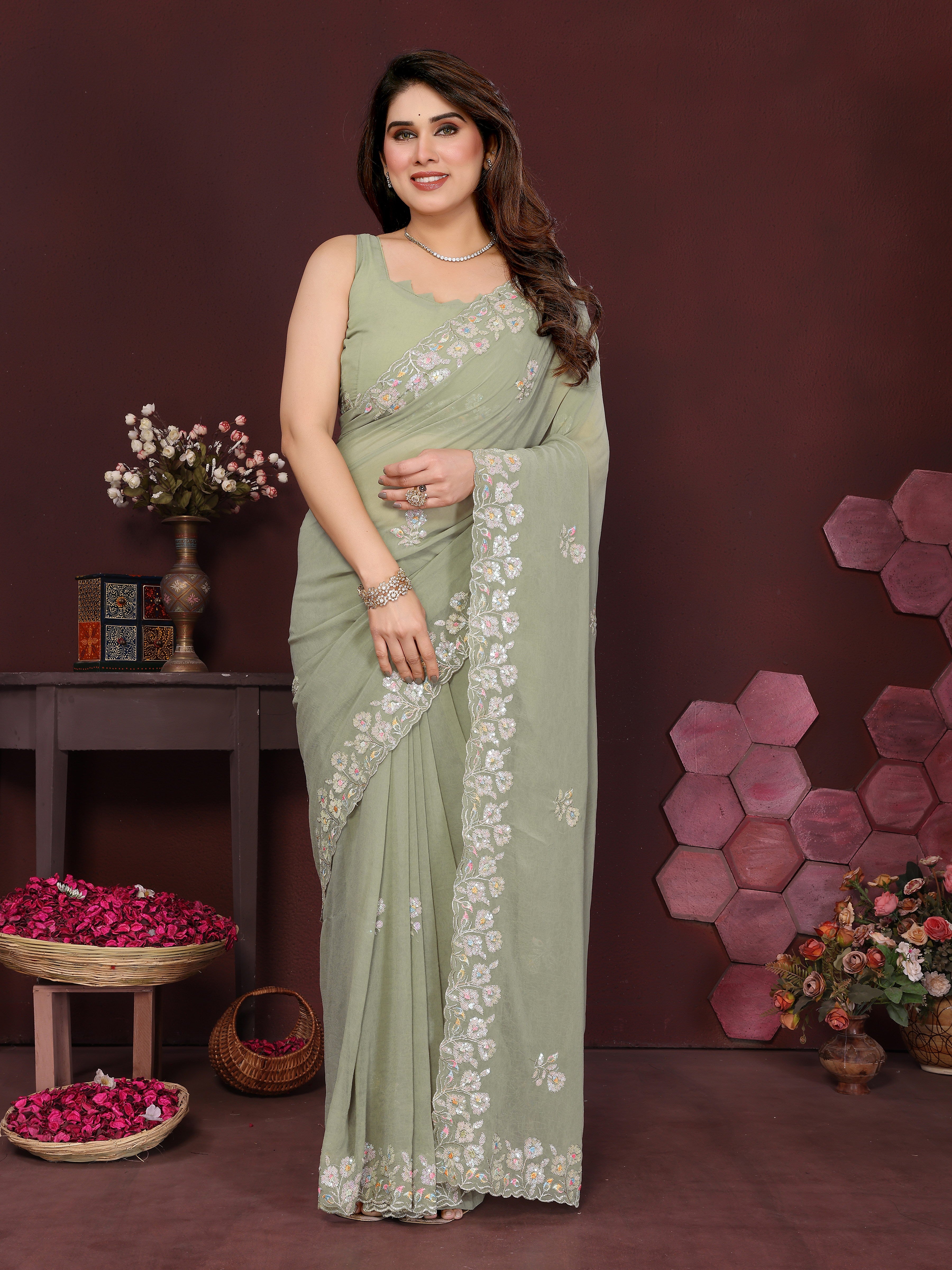 Georgette Silk Saree with Floral Embroidery Work