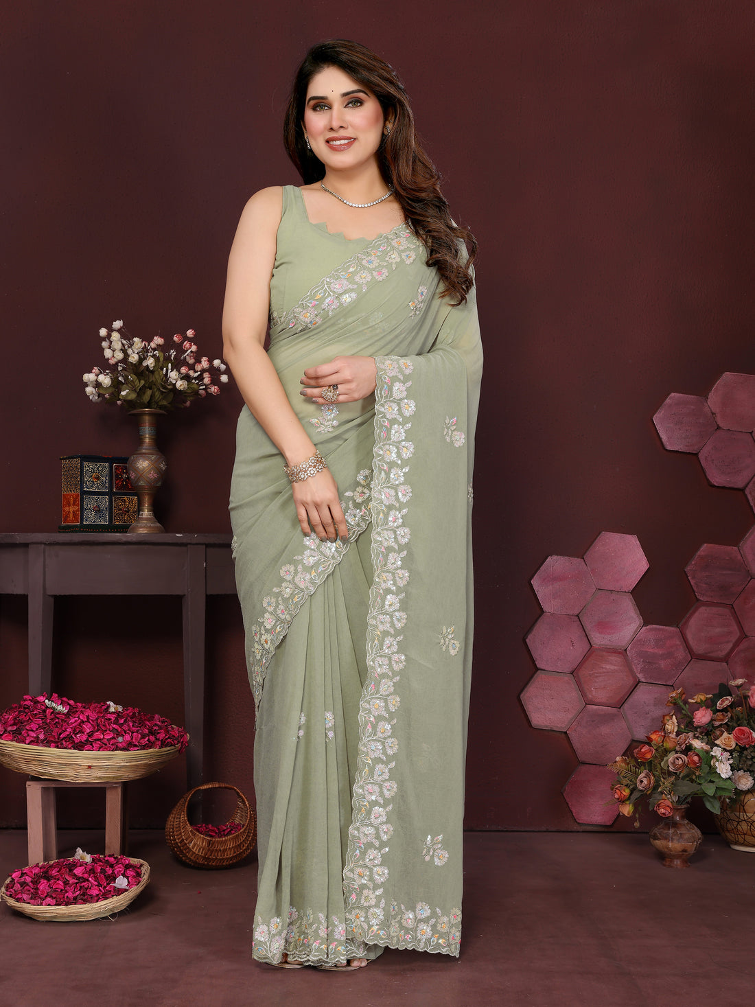 Georgette Silk Saree with Floral Embroidery Work