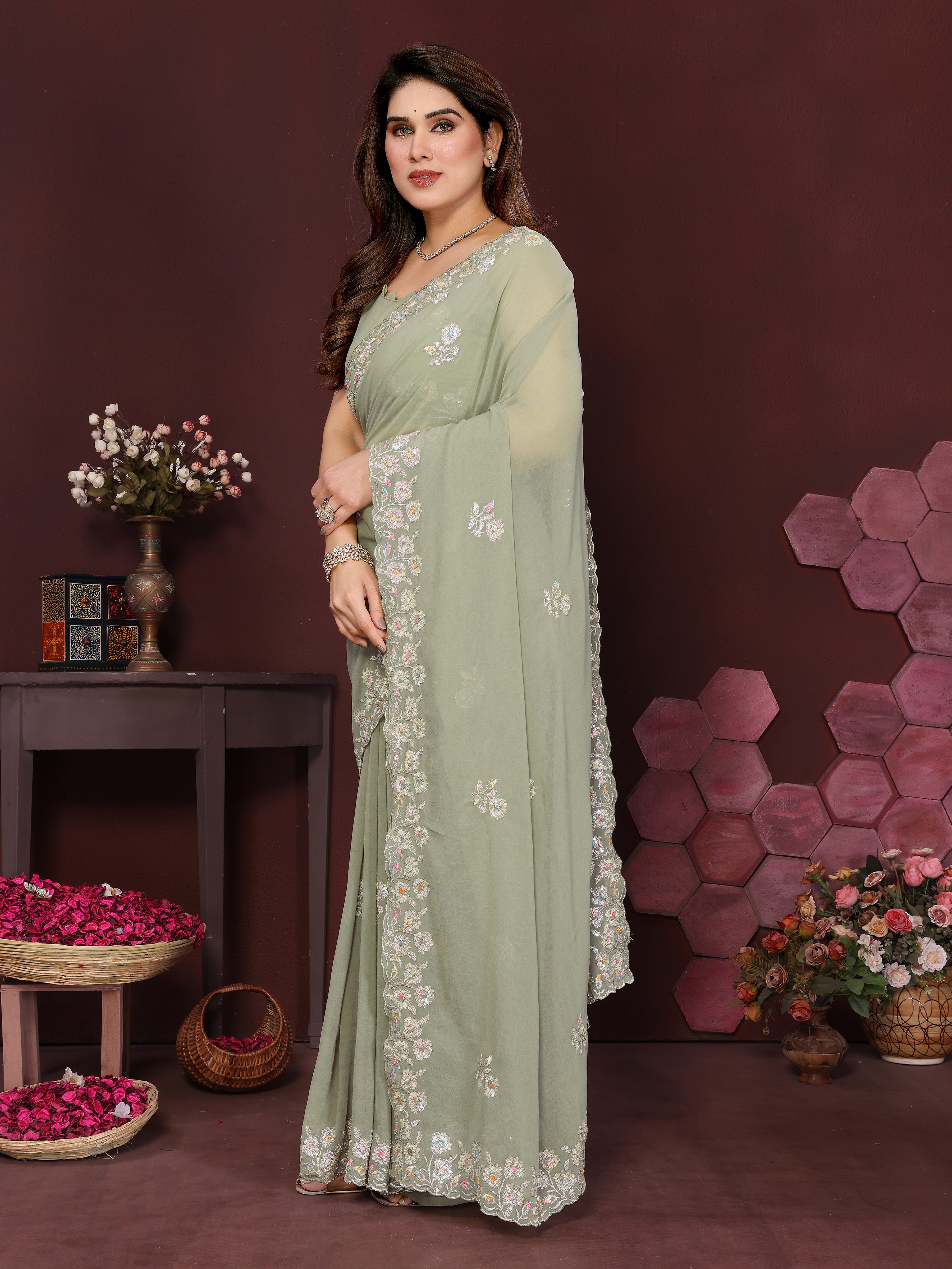 Georgette Silk Saree with Floral Embroidery Work