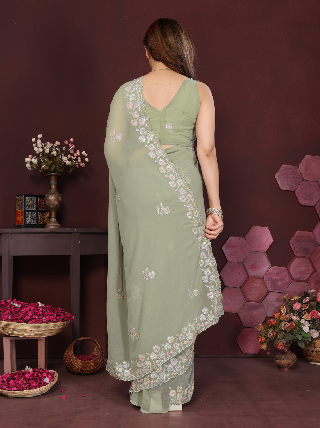 Georgette Silk Saree with Floral Embroidery Work