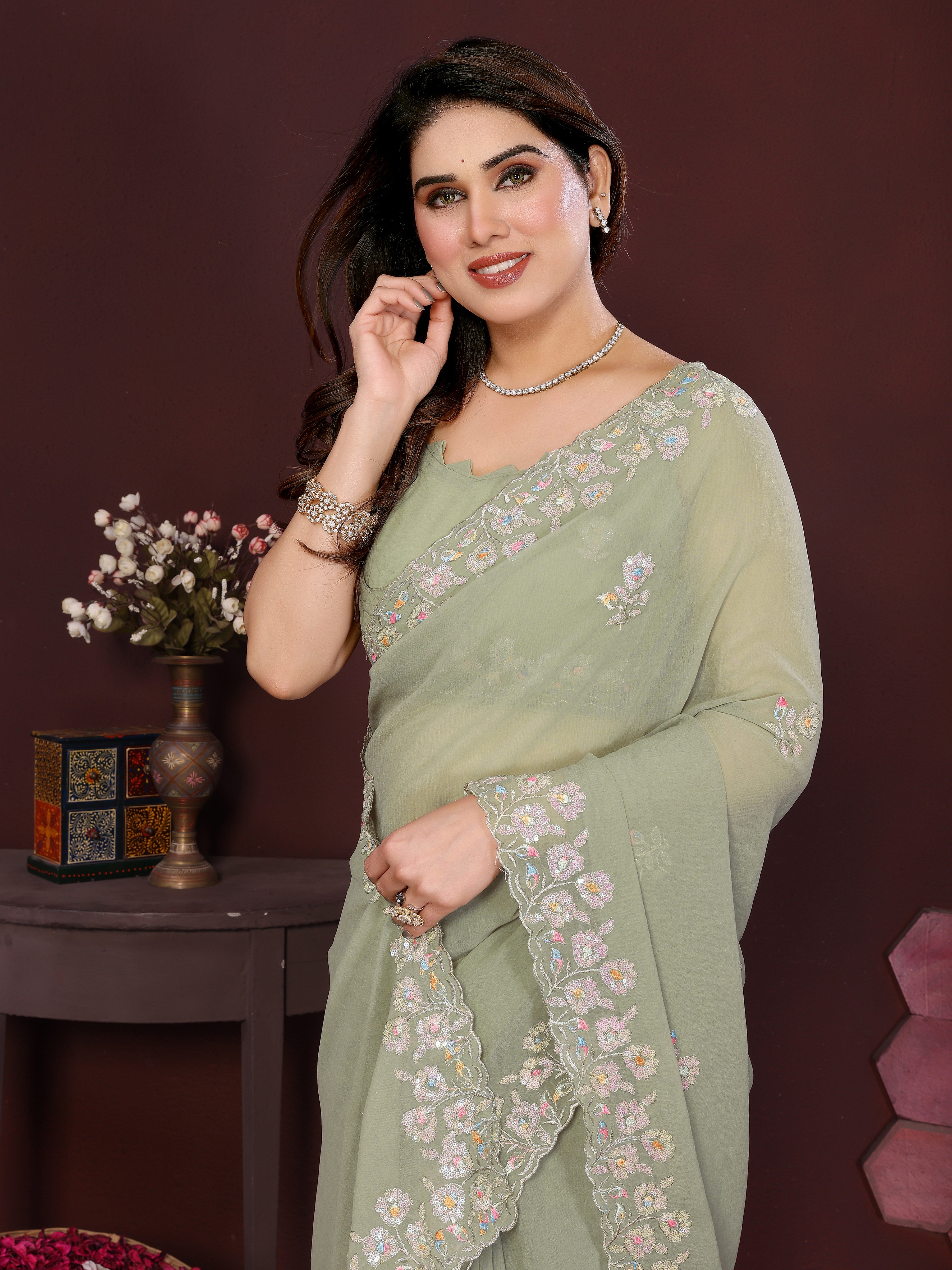 Georgette Silk Saree with Floral Embroidery Work