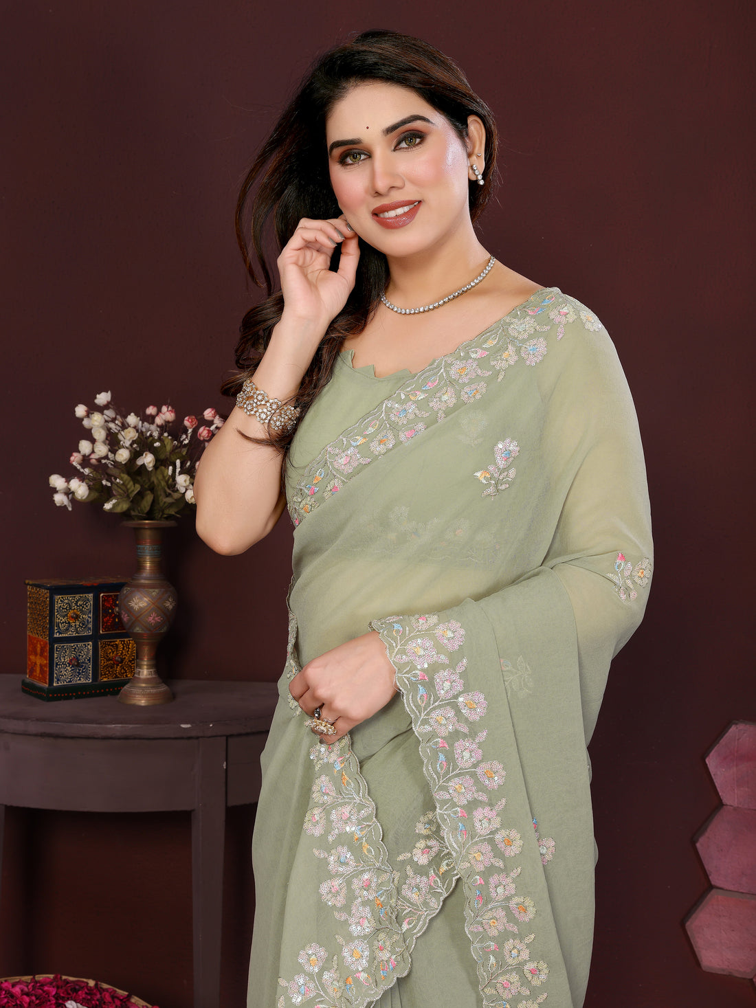 Georgette Silk Saree with Floral Embroidery Work