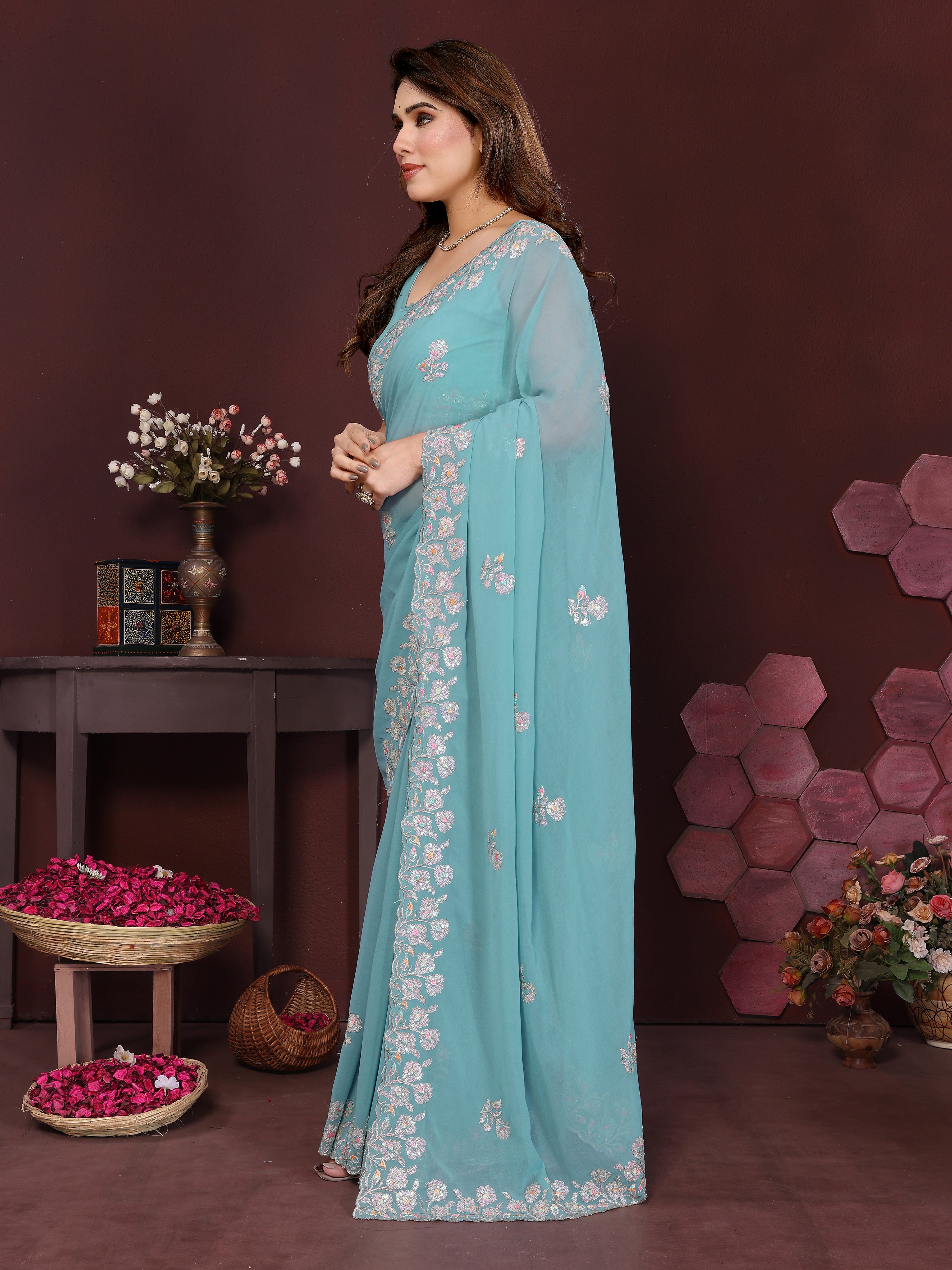 Georgette Silk Saree with Floral Embroidery Work