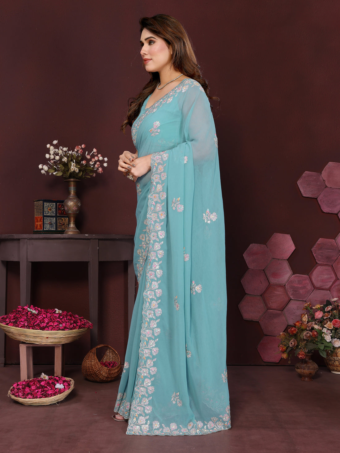 Georgette Silk Saree with Floral Embroidery Work