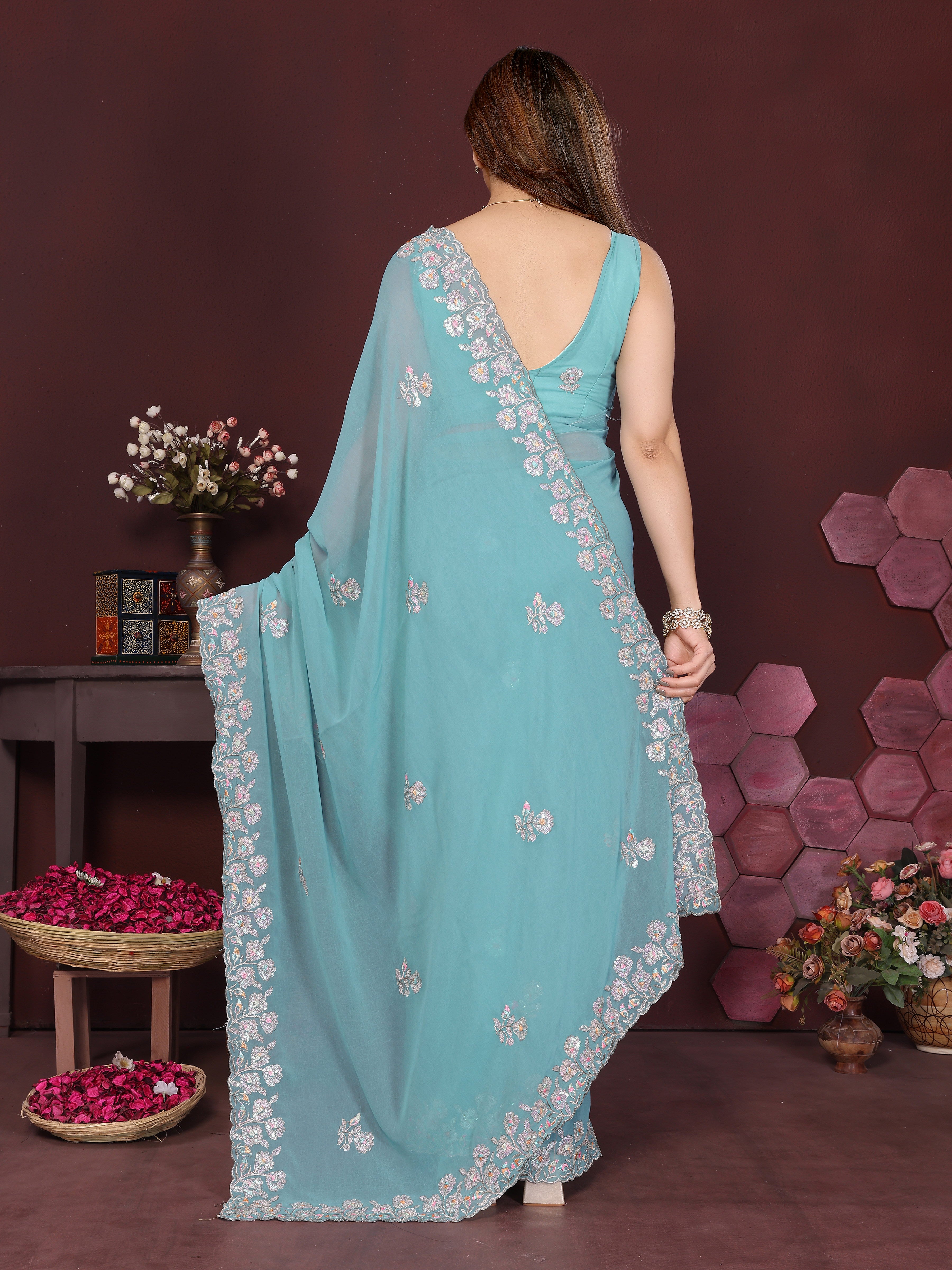 Georgette Silk Saree with Floral Embroidery Work