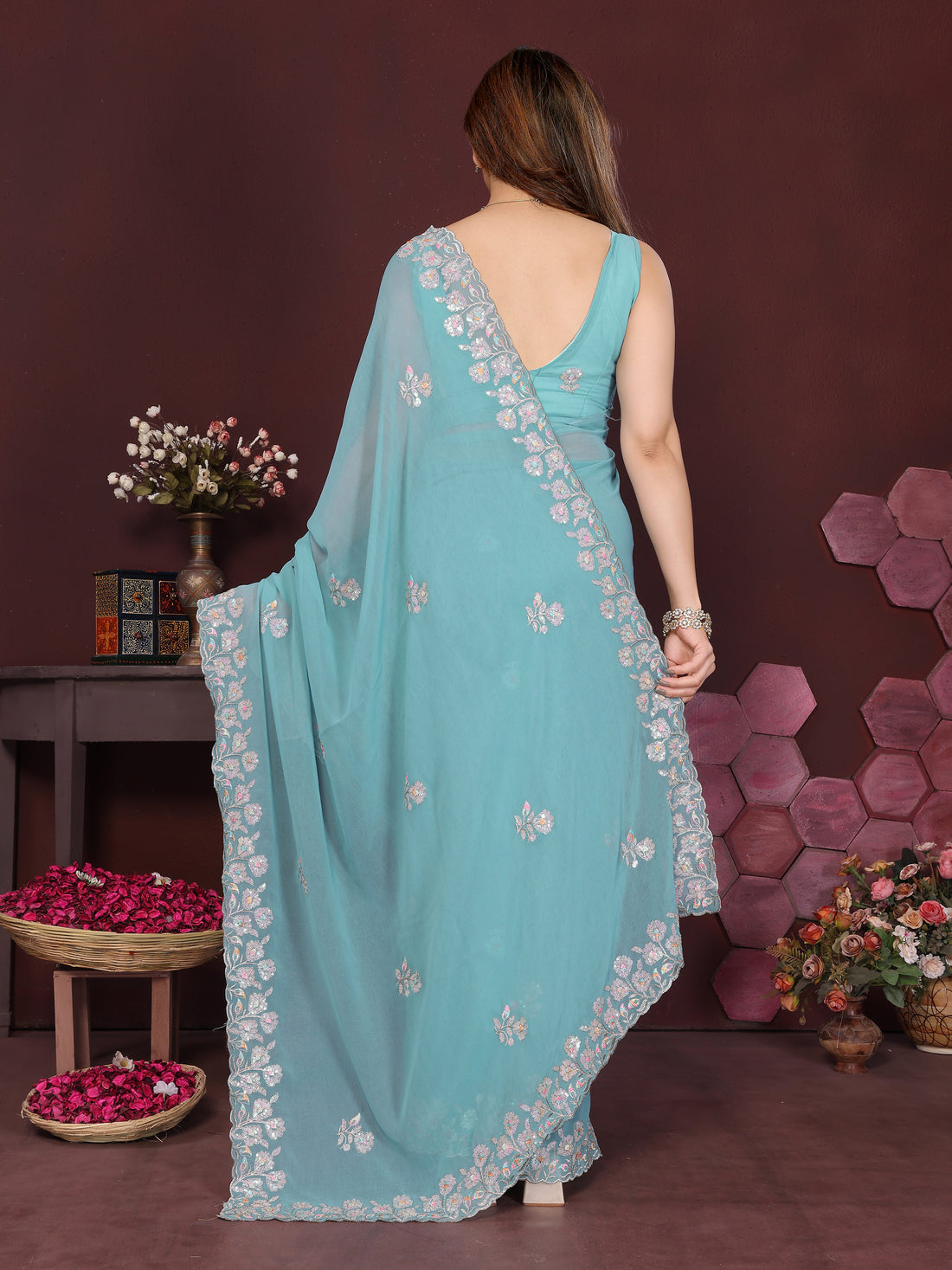 Georgette Silk Saree with Floral Embroidery Work