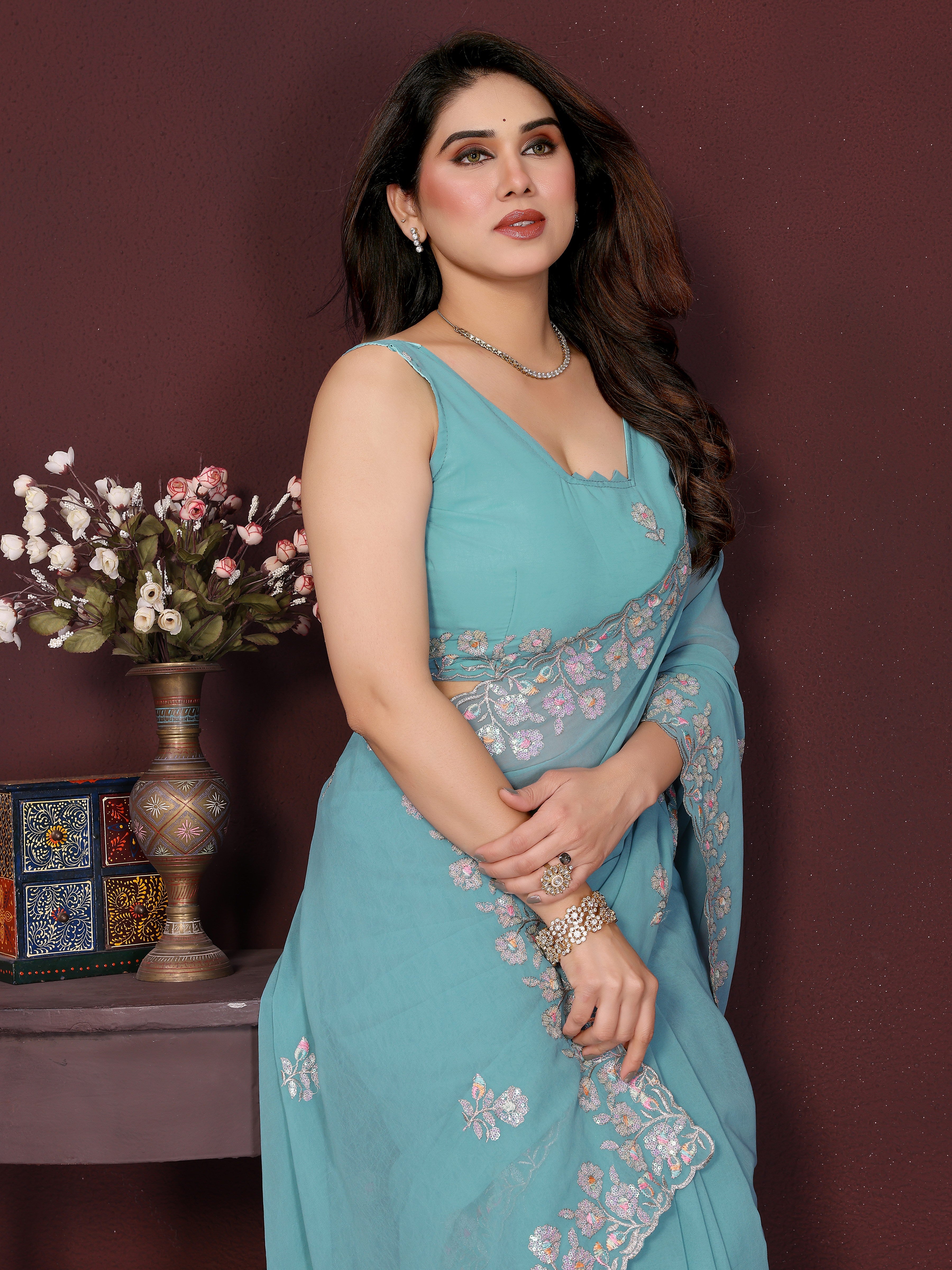 Georgette Silk Saree with Floral Embroidery Work