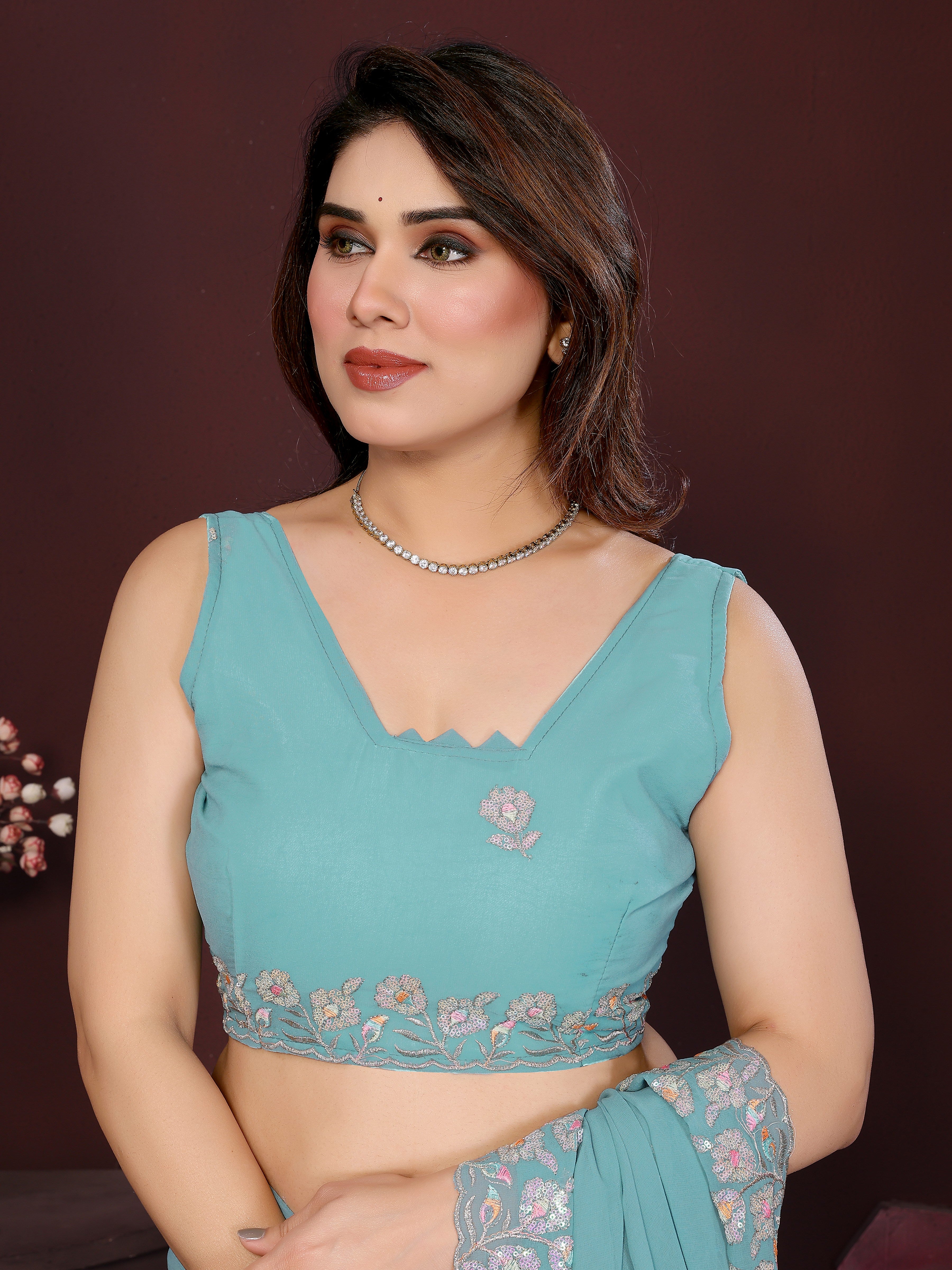 Georgette Silk Saree with Floral Embroidery Work