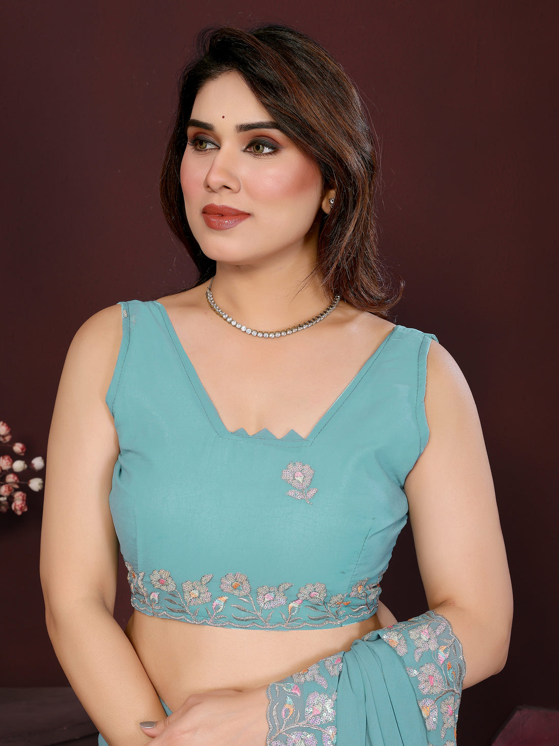 Georgette Silk Saree with Floral Embroidery Work