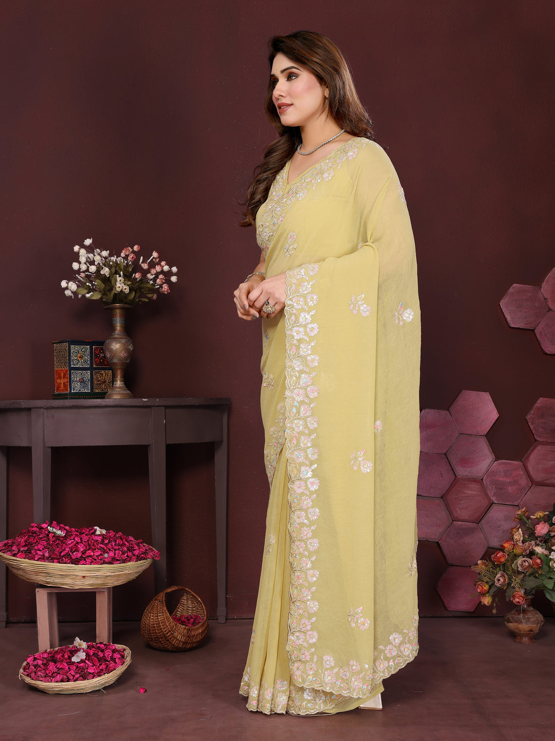 Georgette Silk Saree with Floral Embroidery Work