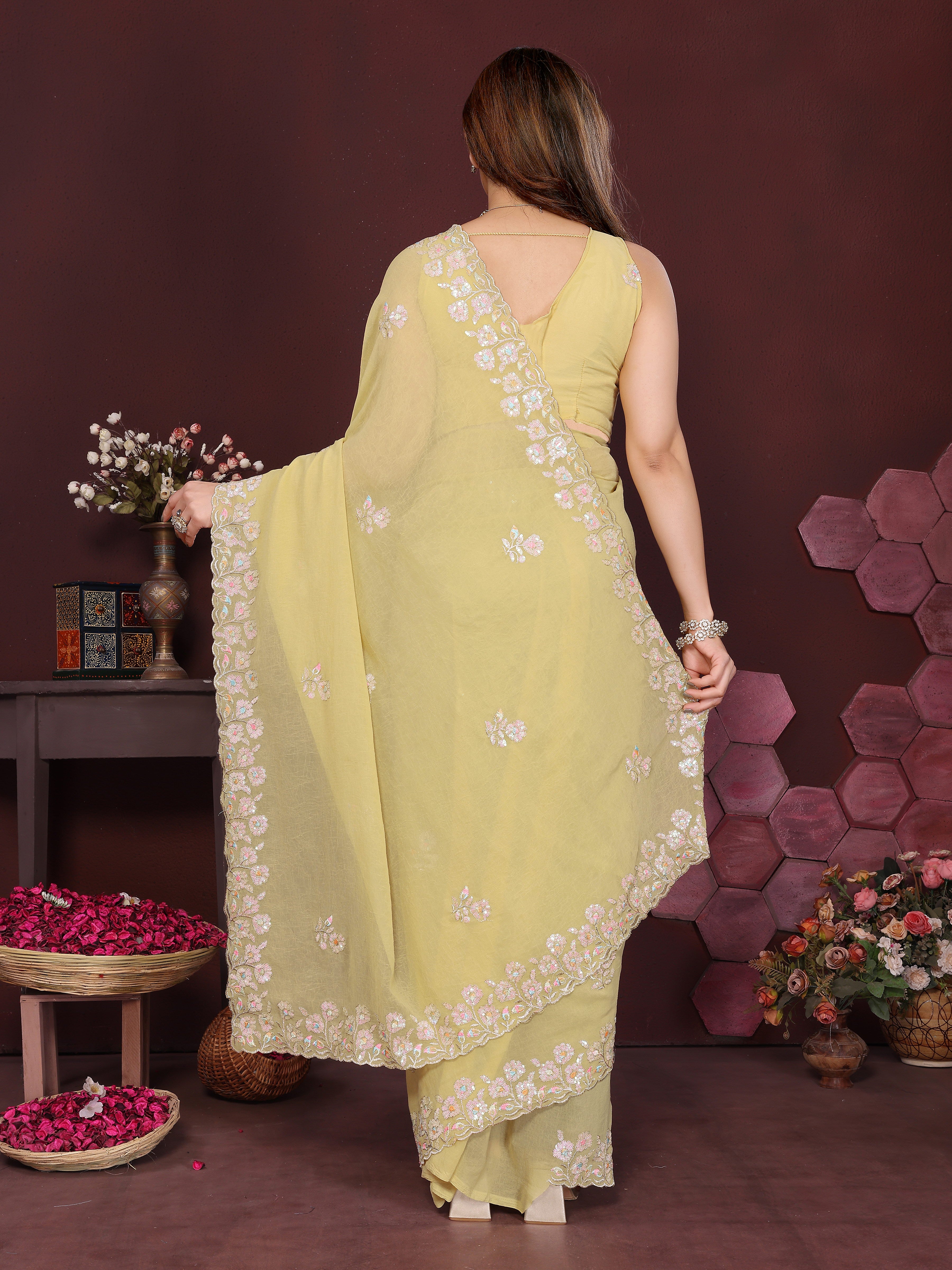 Georgette Silk Saree with Floral Embroidery Work