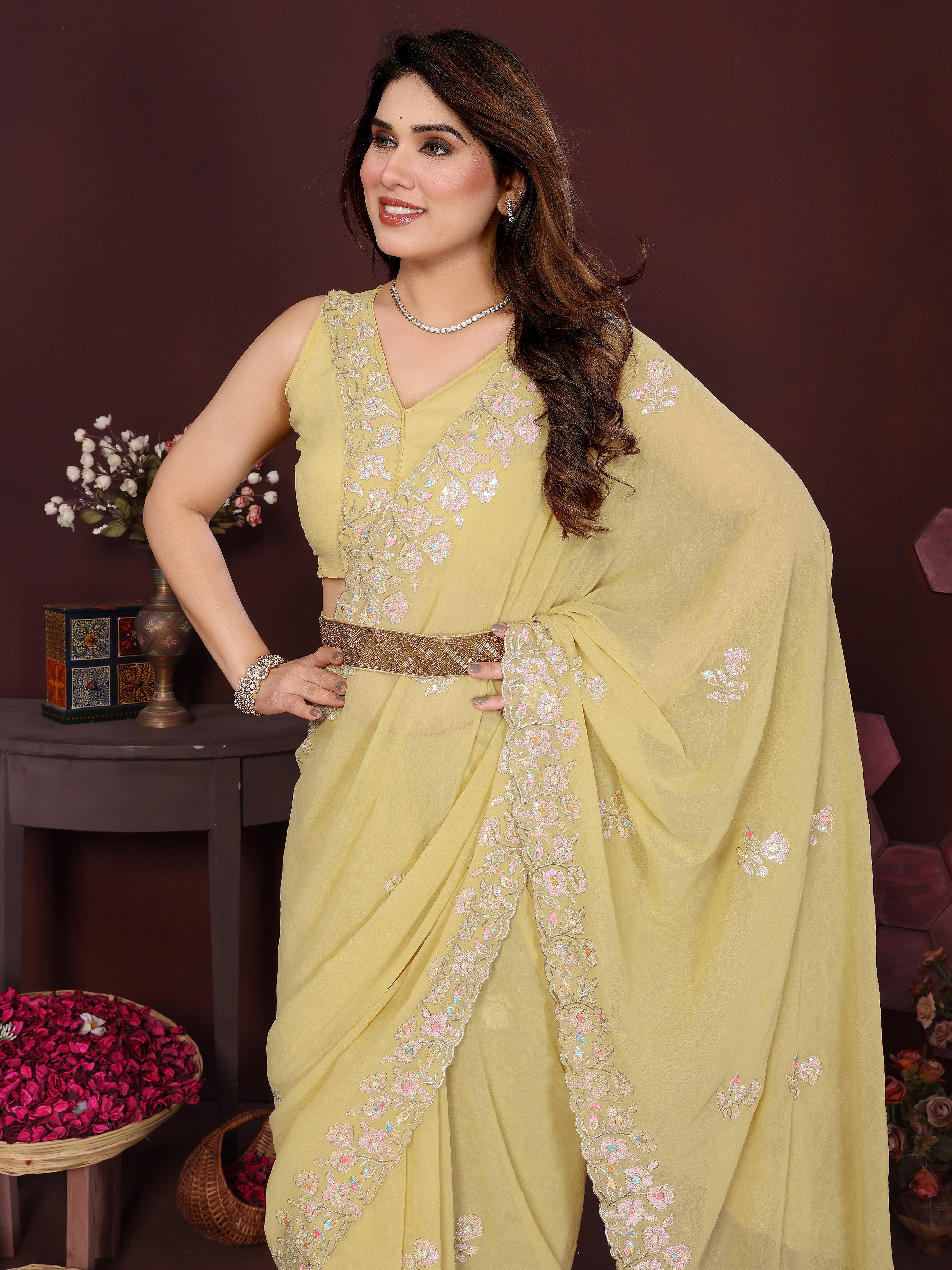 Georgette Silk Saree with Floral Embroidery Work