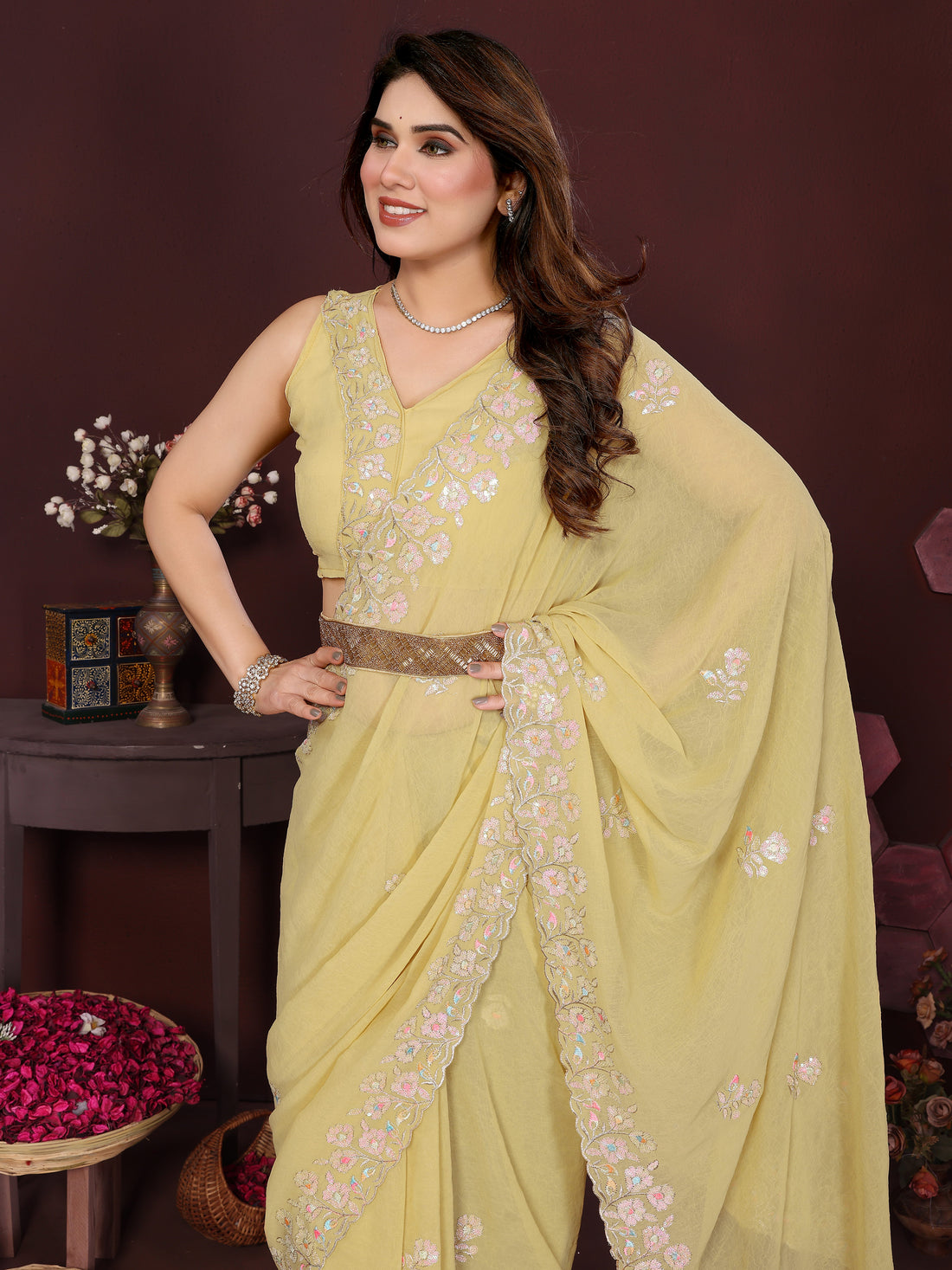 Georgette Silk Saree with Floral Embroidery Work