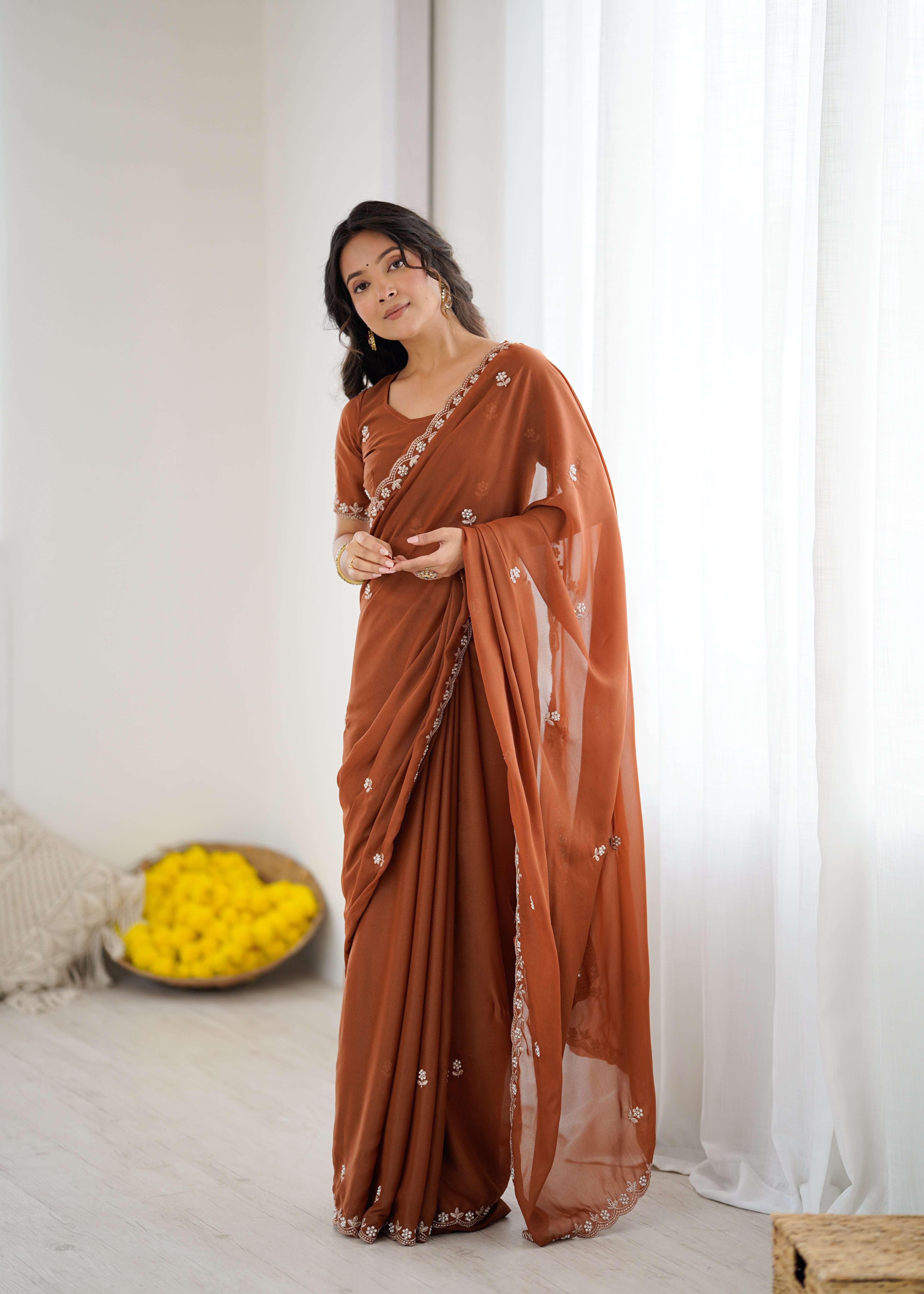 Heavy Star Georgette Silk Saree with Embroidery & Moti Work