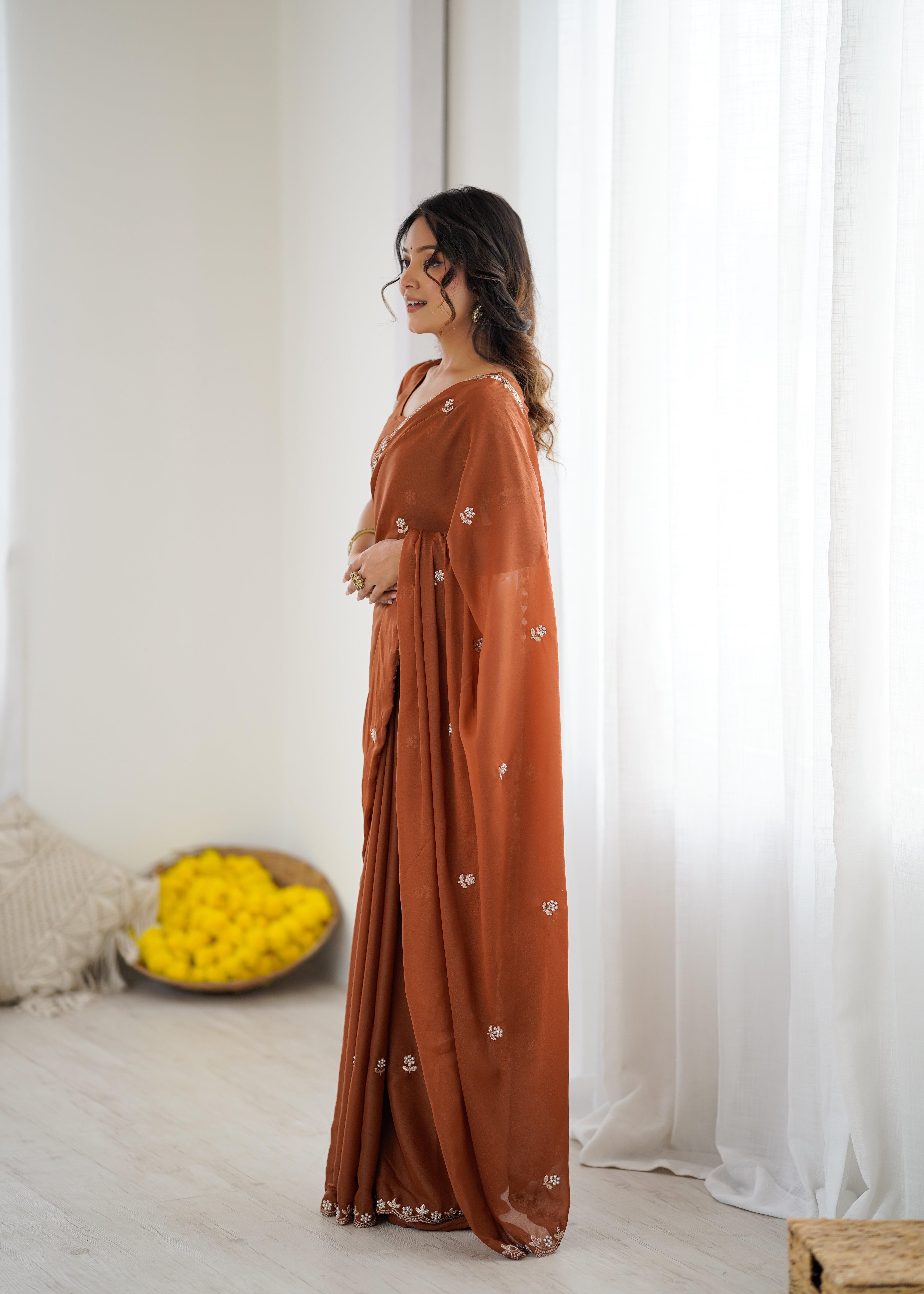 Heavy Star Georgette Silk Saree with Embroidery & Moti Work