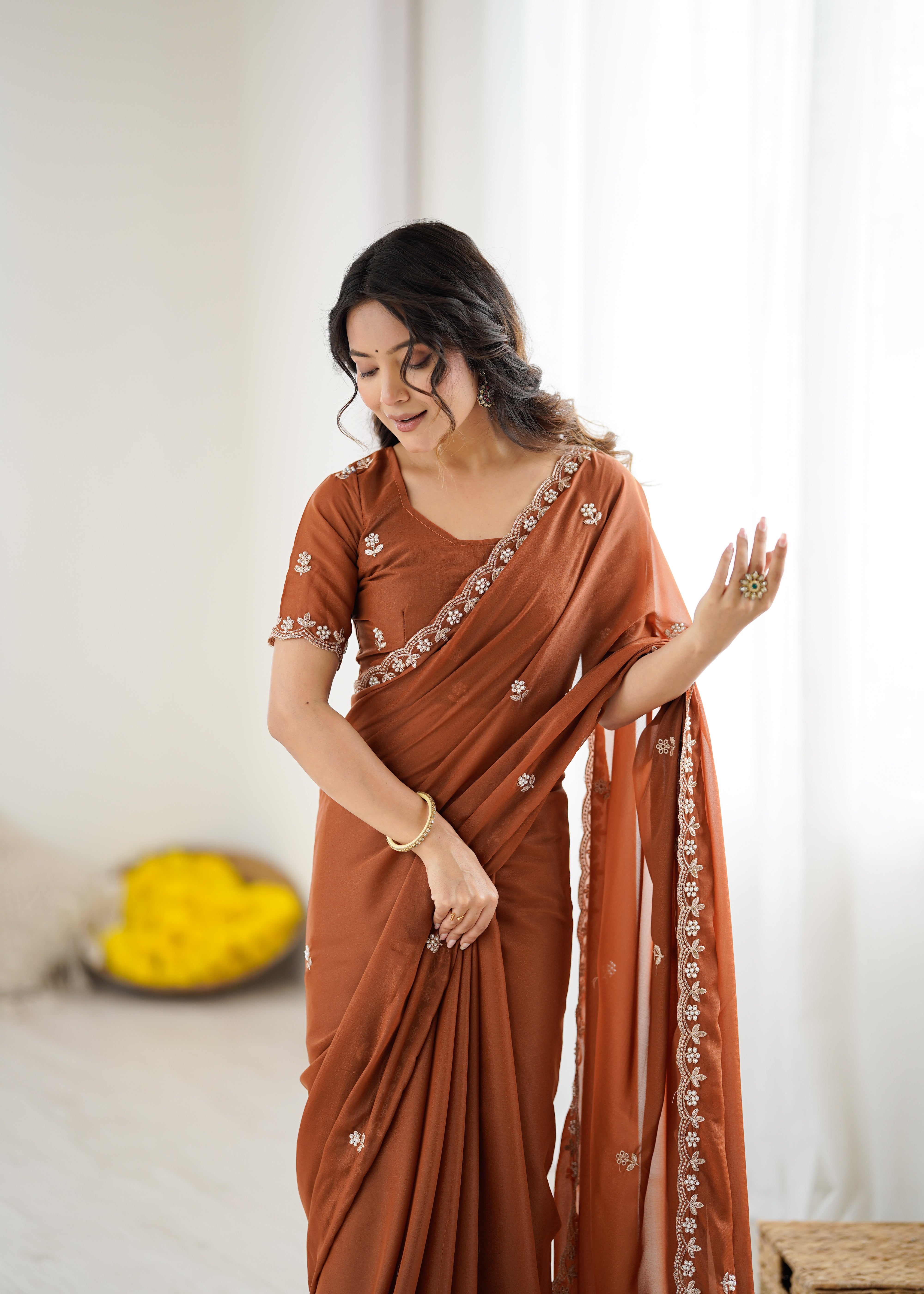 Heavy Star Georgette Silk Saree with Embroidery & Moti Work
