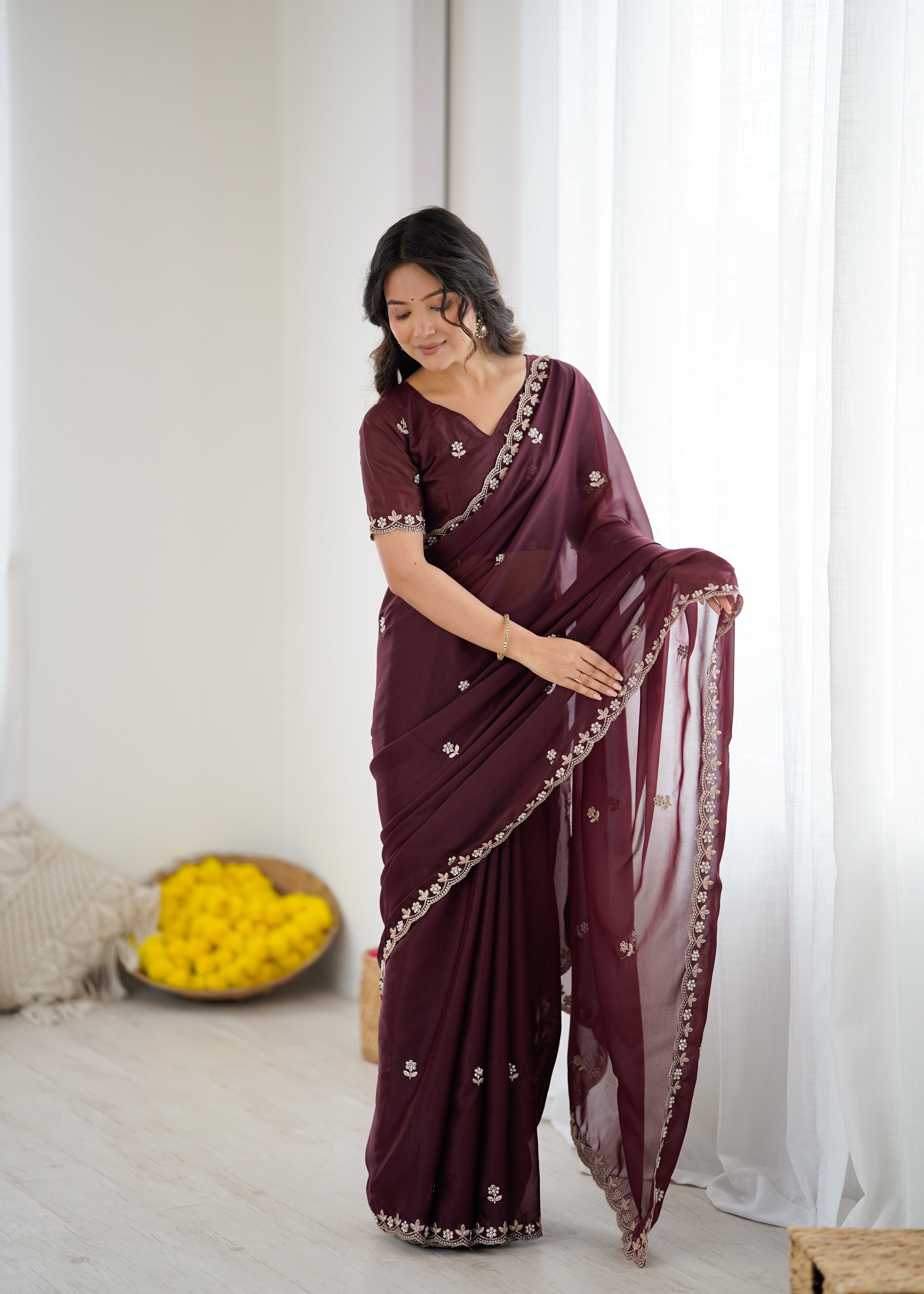Heavy Star Georgette Silk Saree with Embroidery & Moti Work