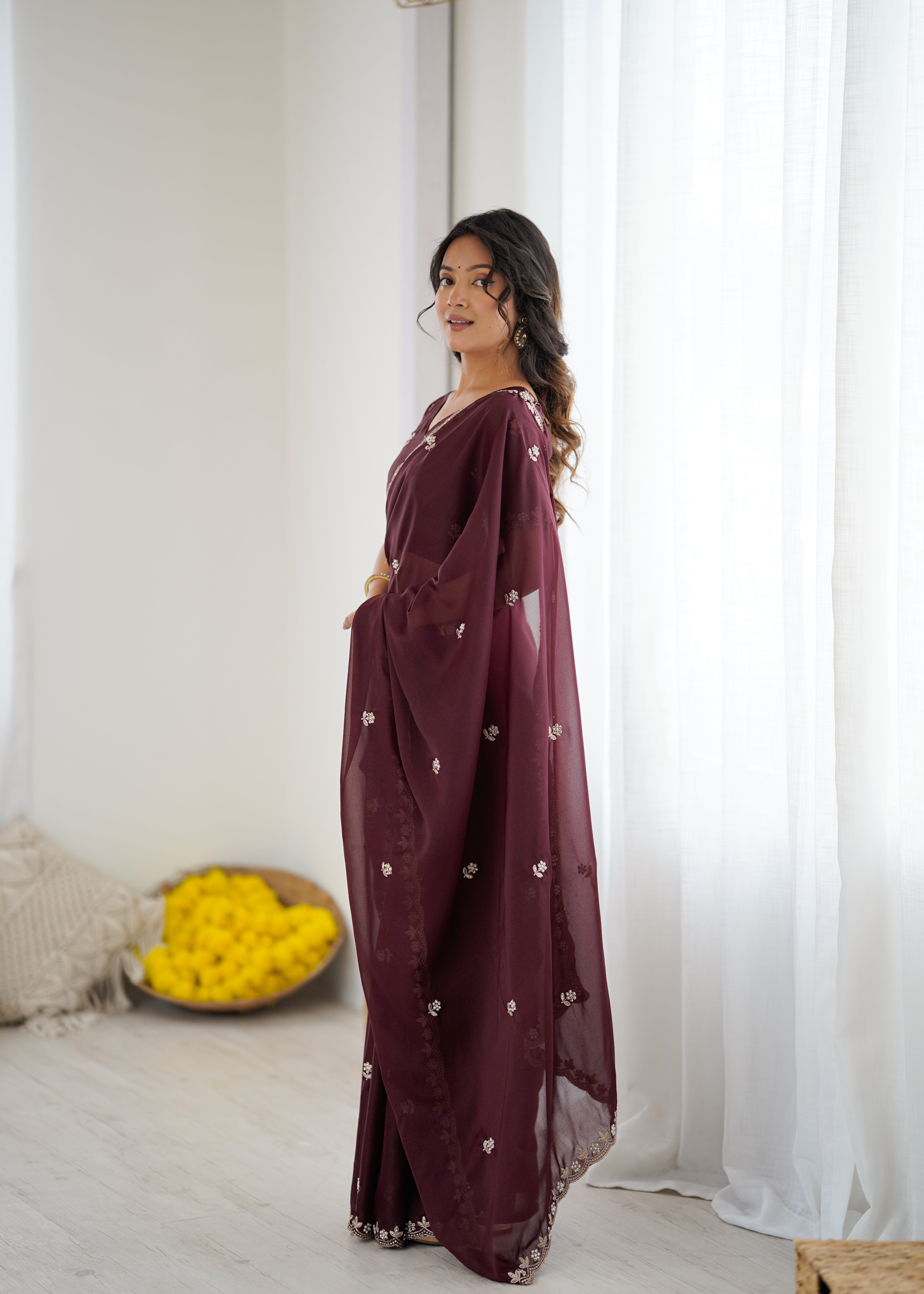 Heavy Star Georgette Silk Saree with Embroidery & Moti Work