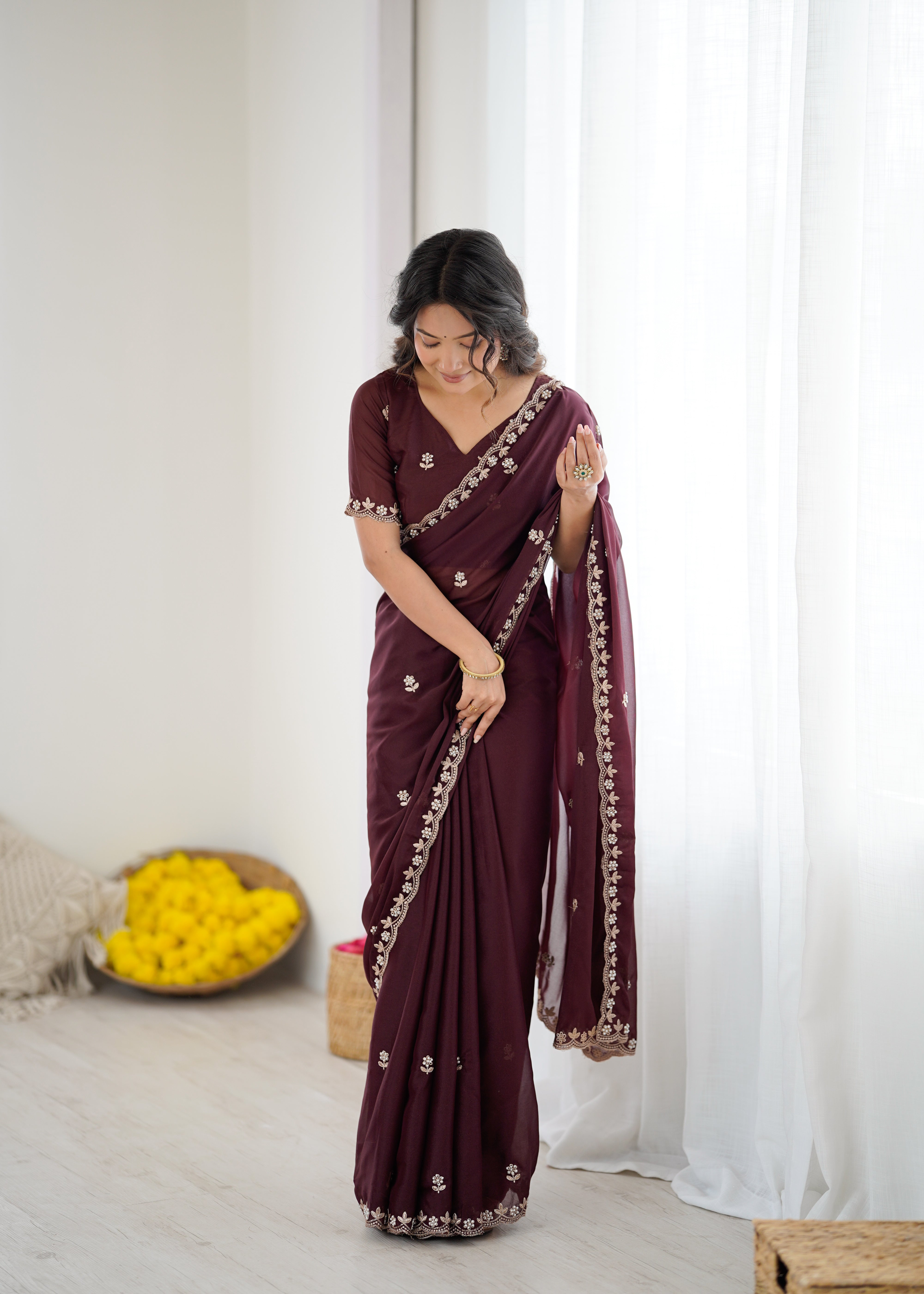 Heavy Star Georgette Silk Saree with Embroidery & Moti Work