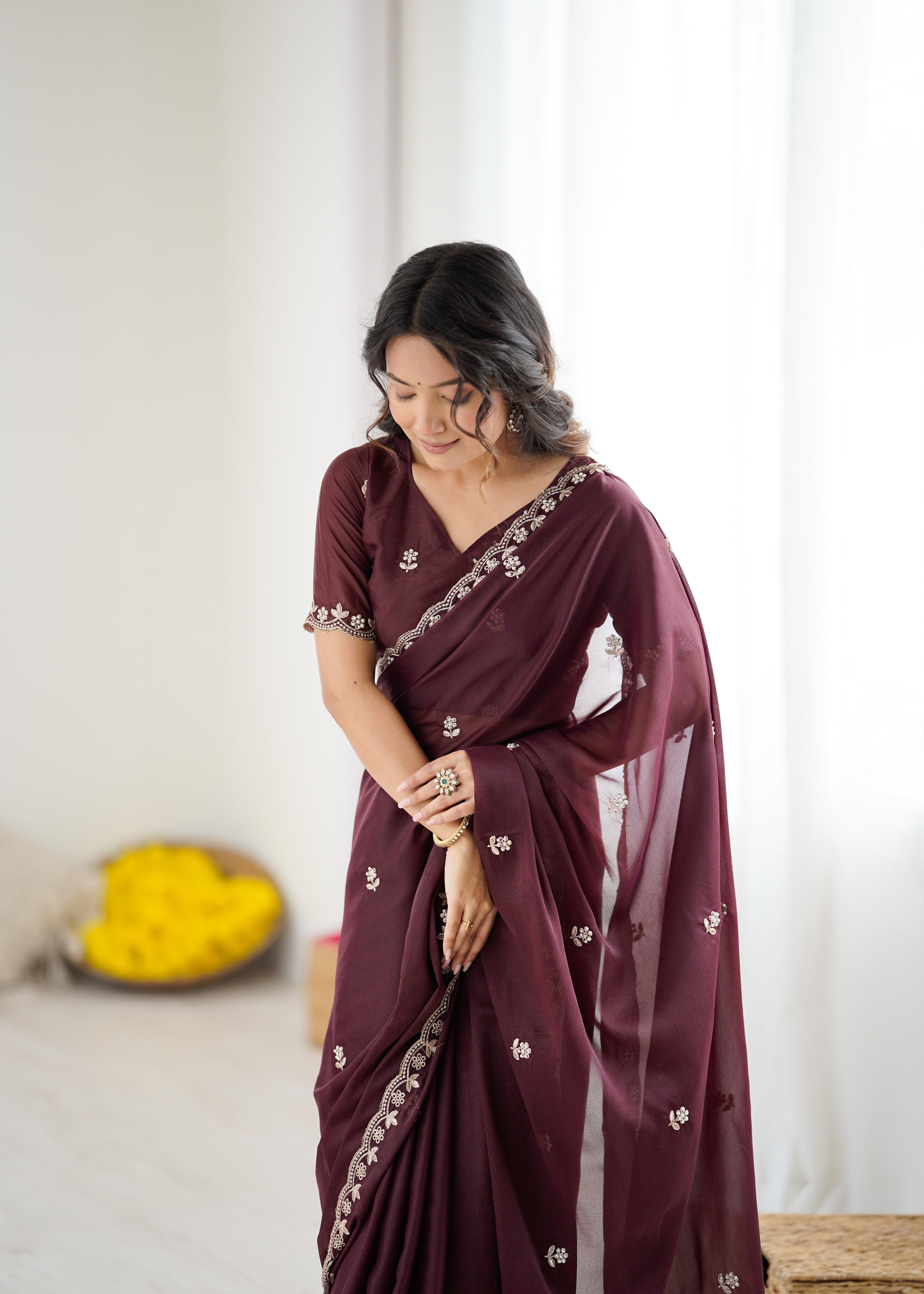 Heavy Star Georgette Silk Saree with Embroidery & Moti Work