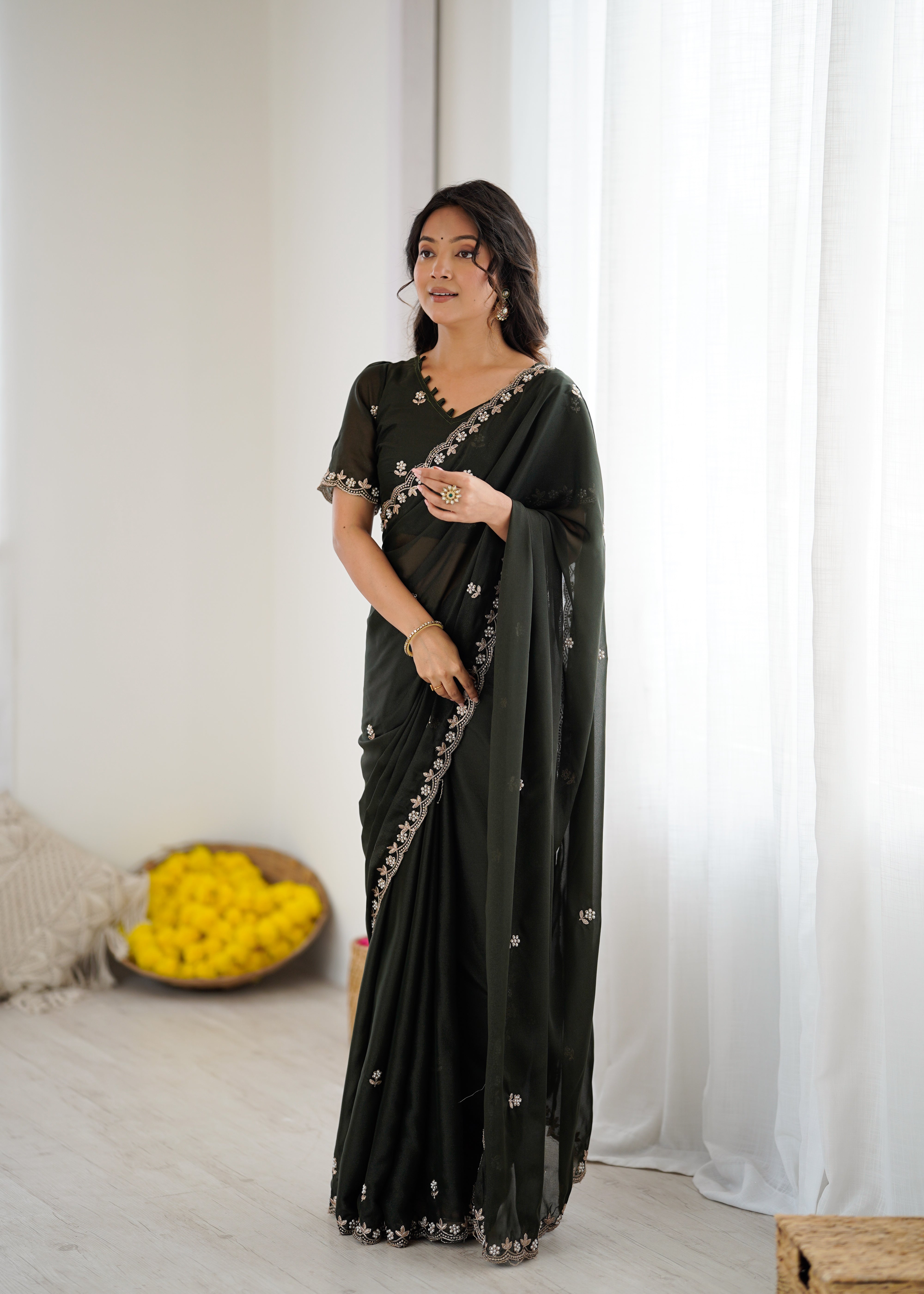 Heavy Star Georgette Silk Saree with Embroidery & Moti Work