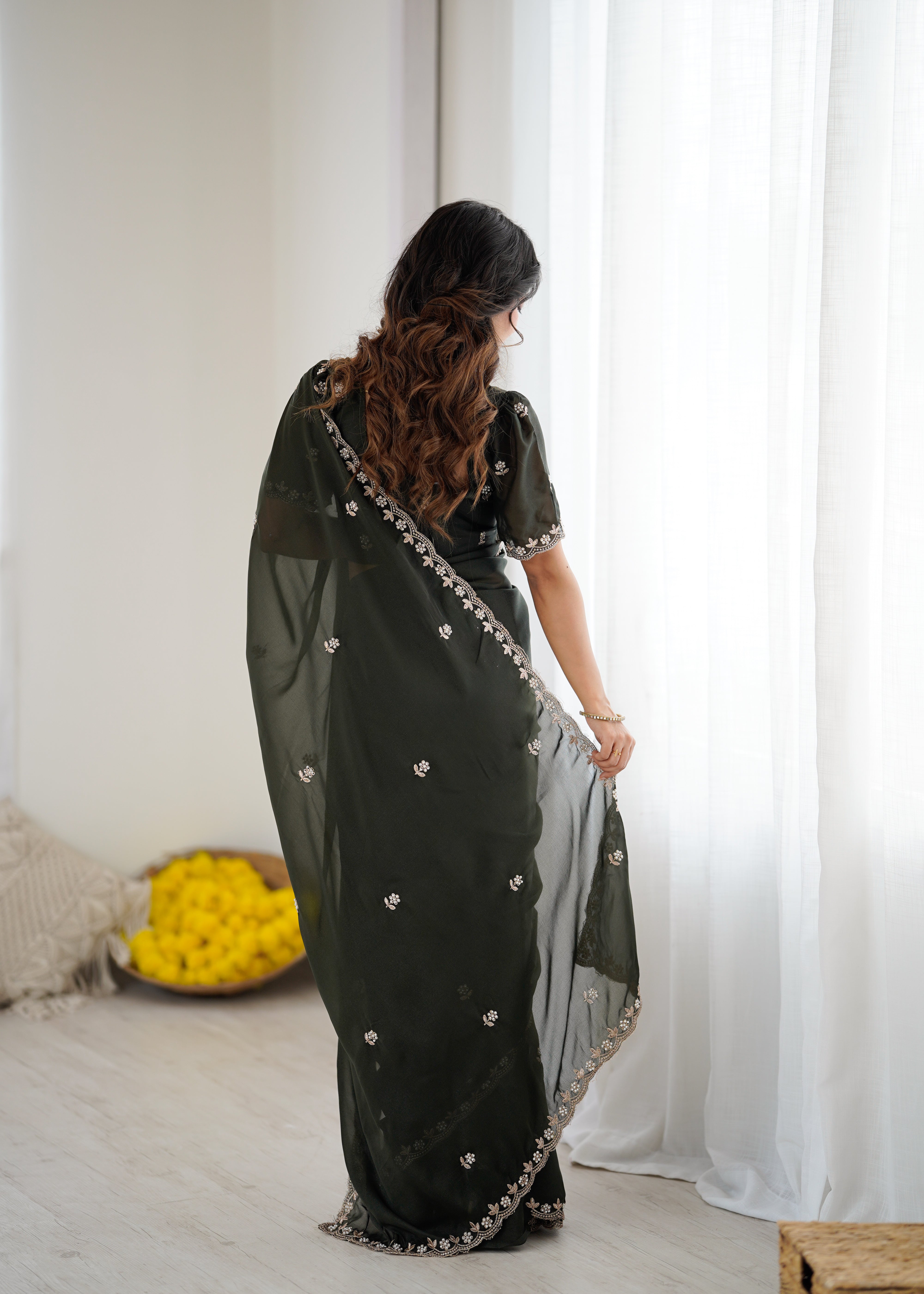 Heavy Star Georgette Silk Saree with Embroidery & Moti Work