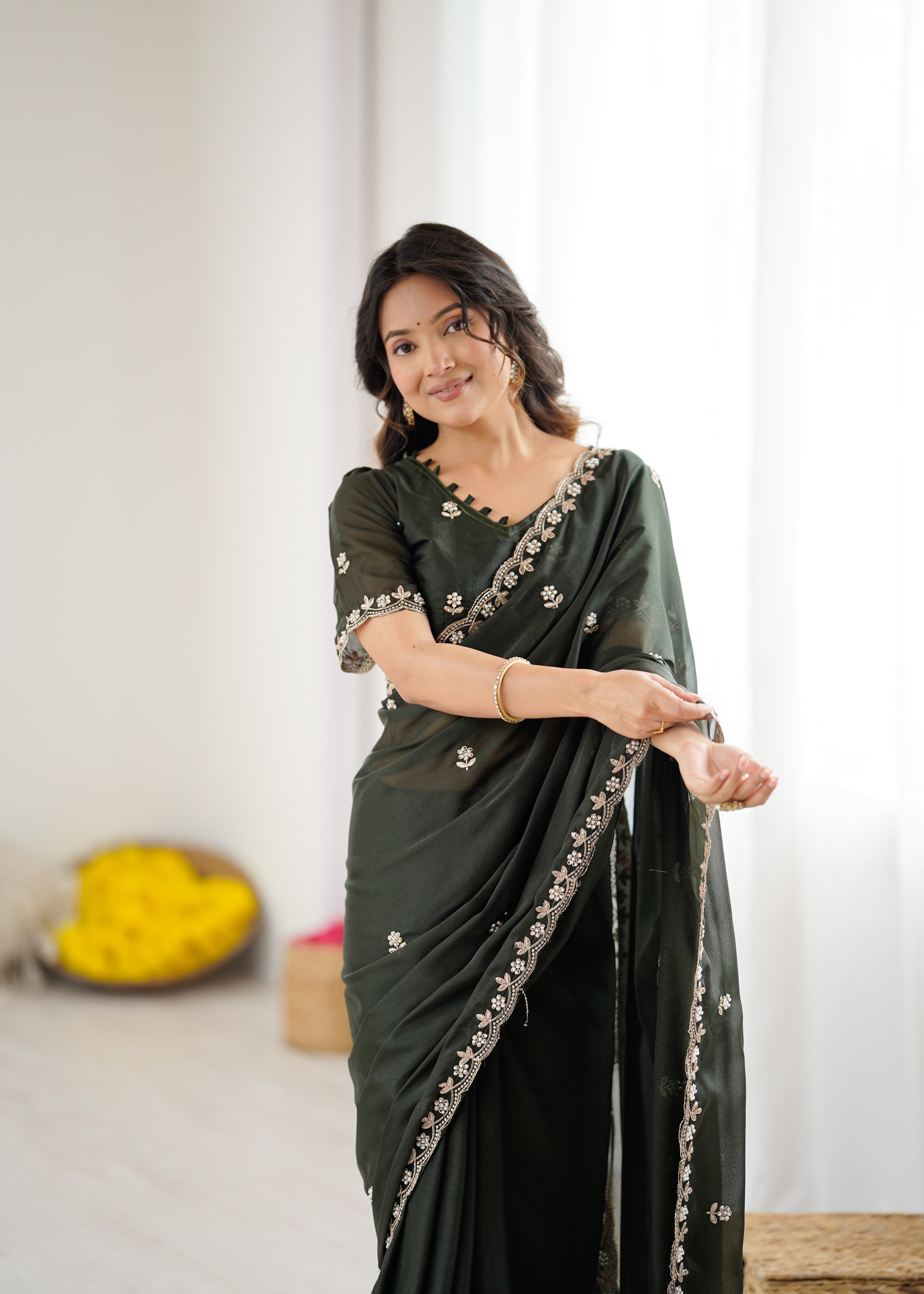 Heavy Star Georgette Silk Saree with Embroidery & Moti Work